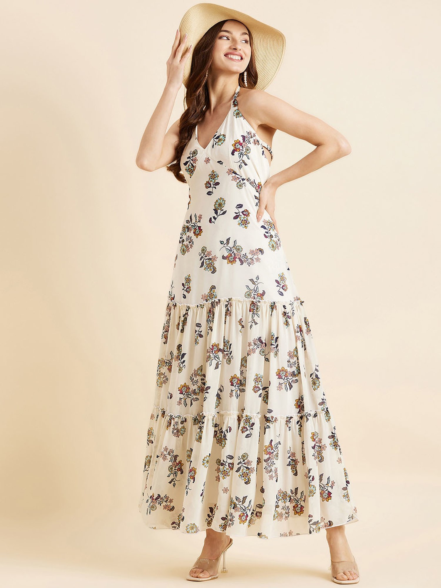 PANIT White Floral Print Ethnic Dress