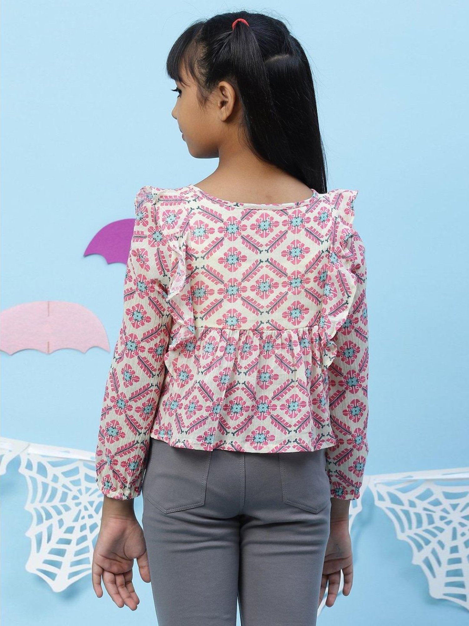 BIBA Girls Pink & Cream Cotton Printed Top