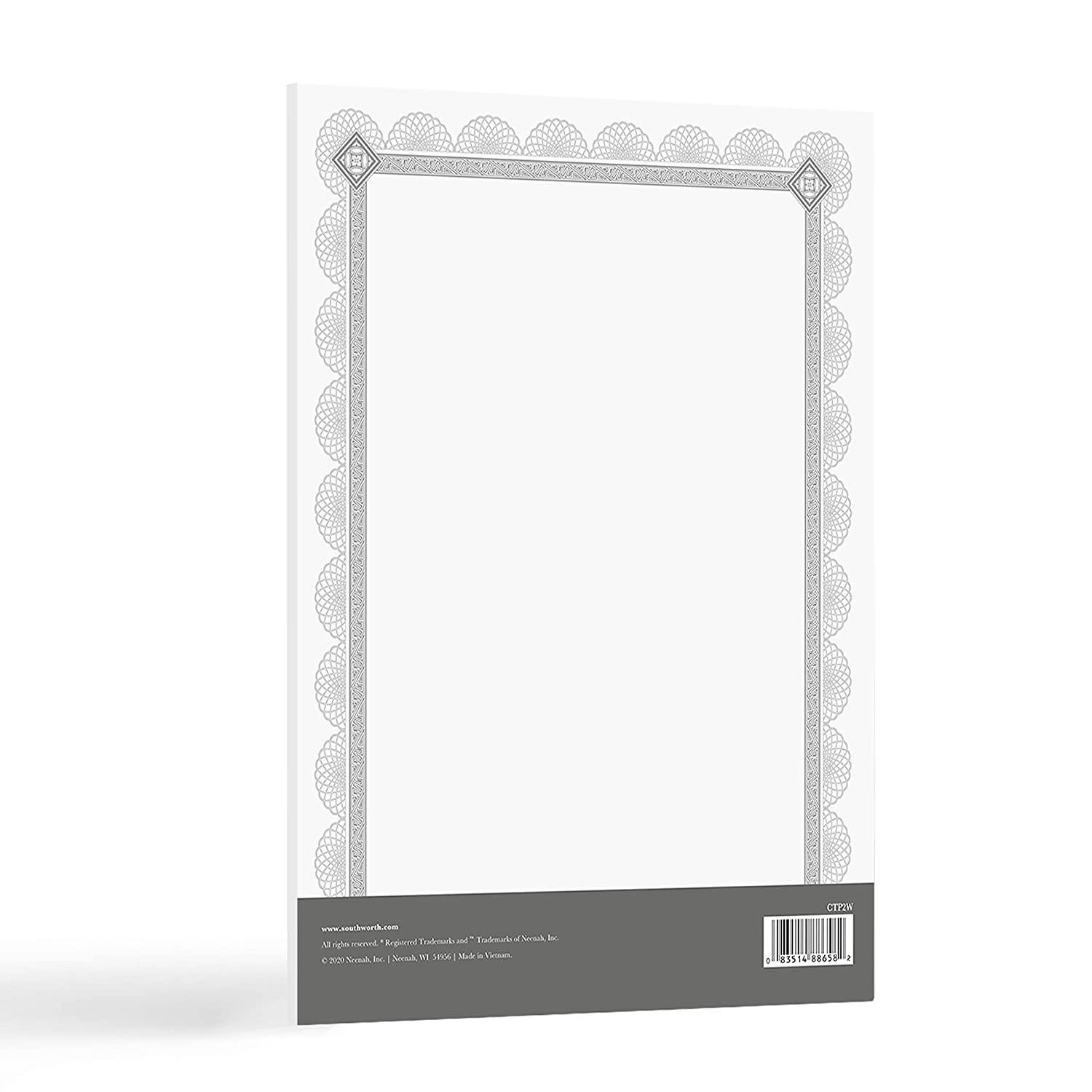 Southworth Foil Enhanced Premium Certificate, 8.5&rdquo; x 11&rdquo;, 66 lb/ 180 GSM, White, Silver Spiro Design, 15 Count - Packaging May Vary (CTP2W)