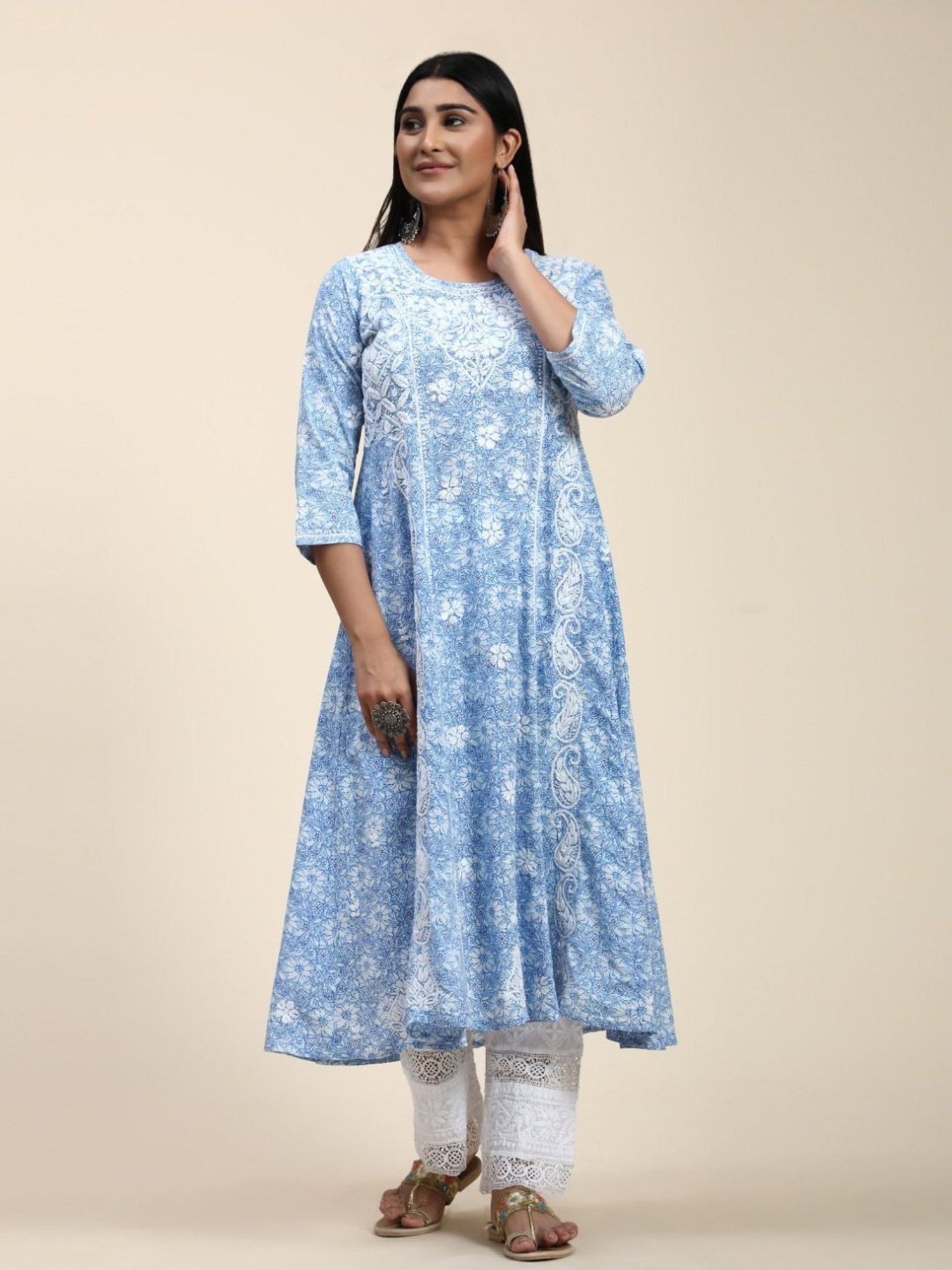 House Of Kari HOK Hand Embroidery Chikankari Long Kurti for Women -Printed Blue