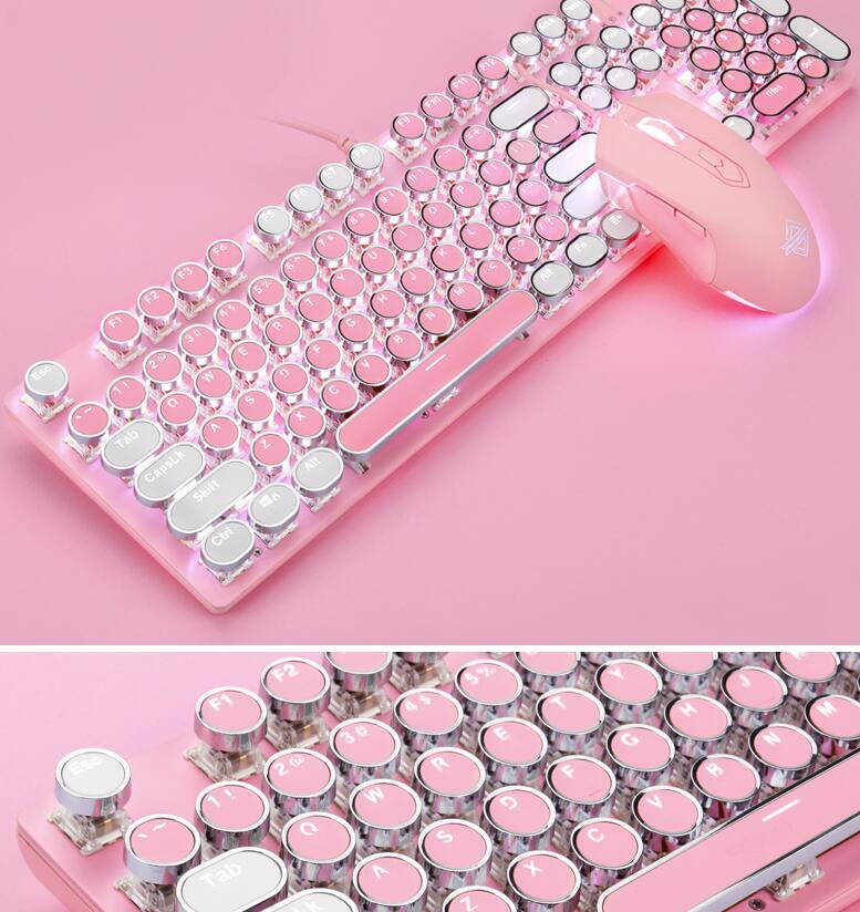 A-jazz Ergonomic Design,Cool Exterior USB Wired N-key Rollover Blue Switch Mechanical Gaming Keyboard And 2400DPI Mouse Combo For Office And Game - WhitePinkVersion