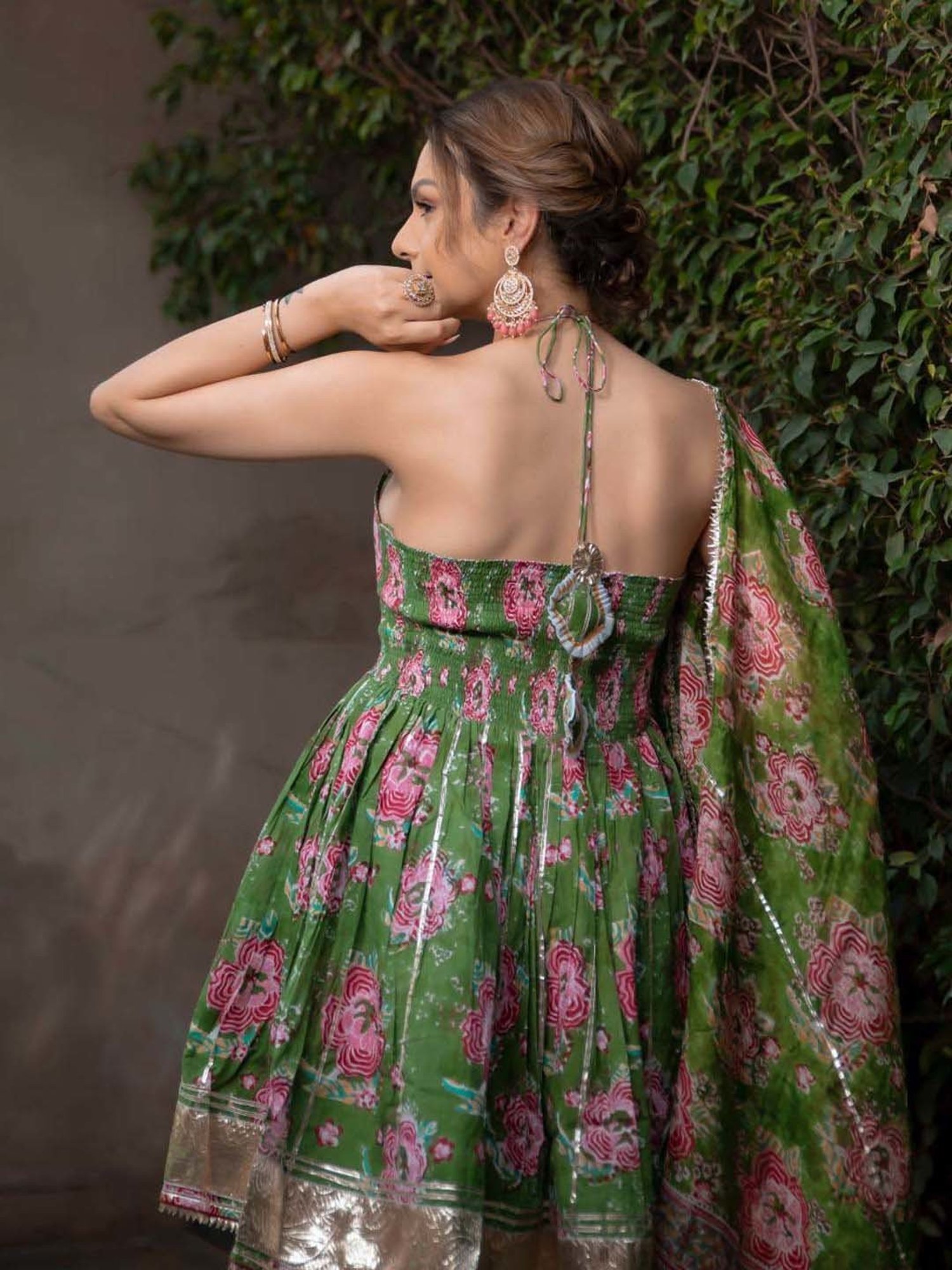 AACHHO Green & White Cotton Floral Print Kurti Sharara Set With Dupatta