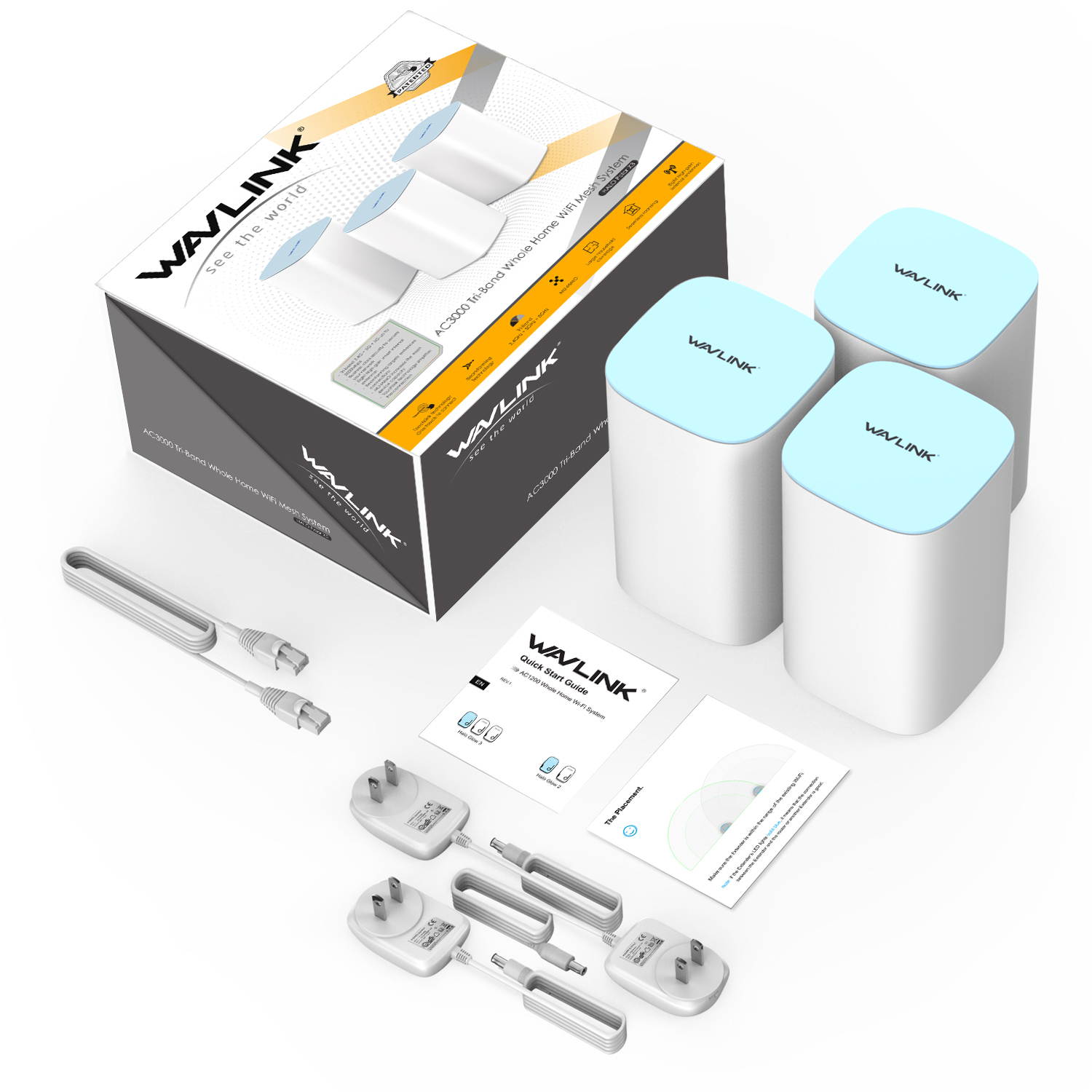 Wavlink AC3000 Tri-Band Whole Home Mesh WiFi System with MU-MIMO, Replace Wi-Fi Router and Range Extenders, Coverage Up to 6,000-7500sq. ft, Parental Controls, 3xGigabit ports, Plug and Play, 2-Pack