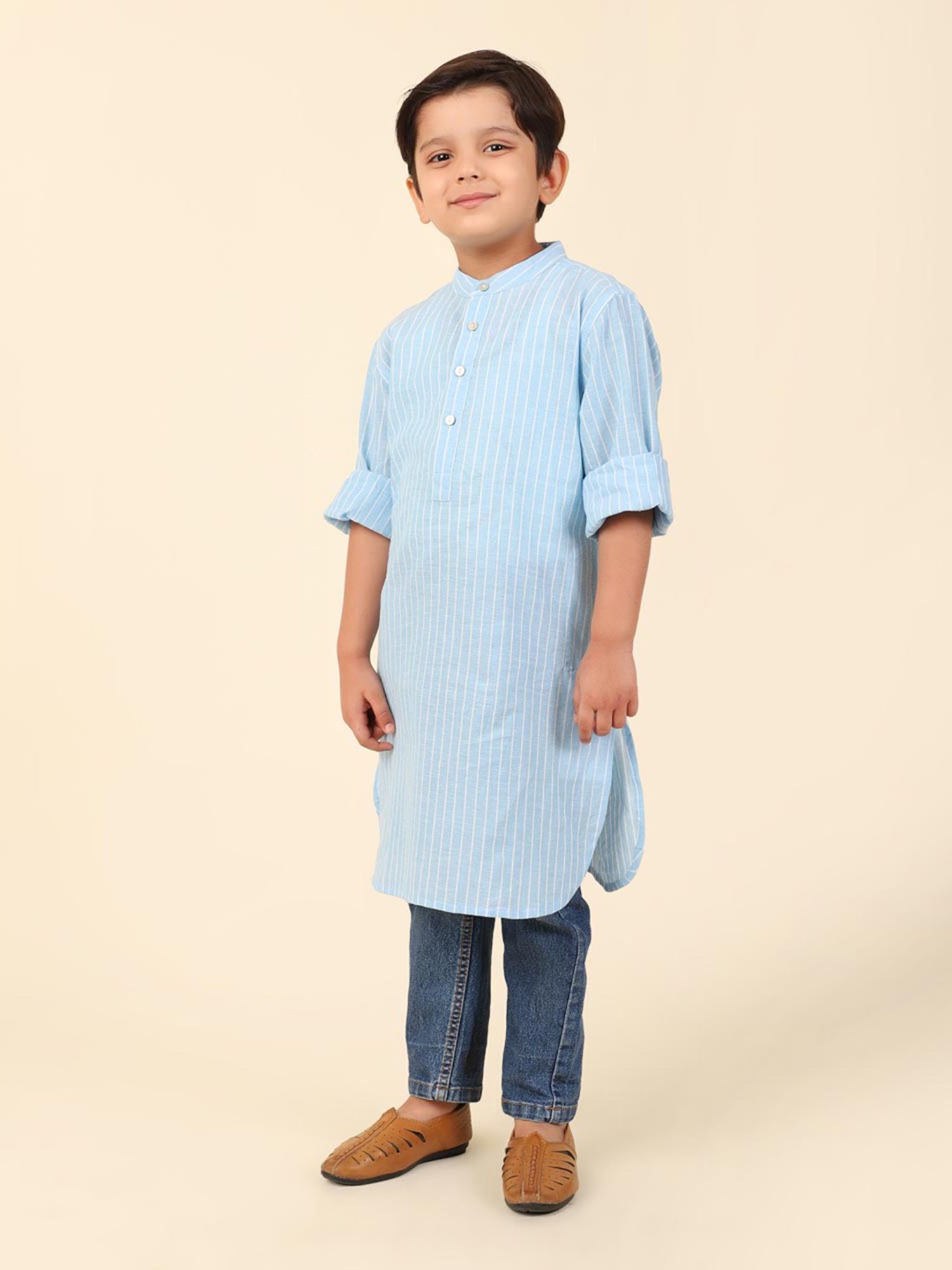 Fabindia Kids Blue Striped Full Sleeves Kurta