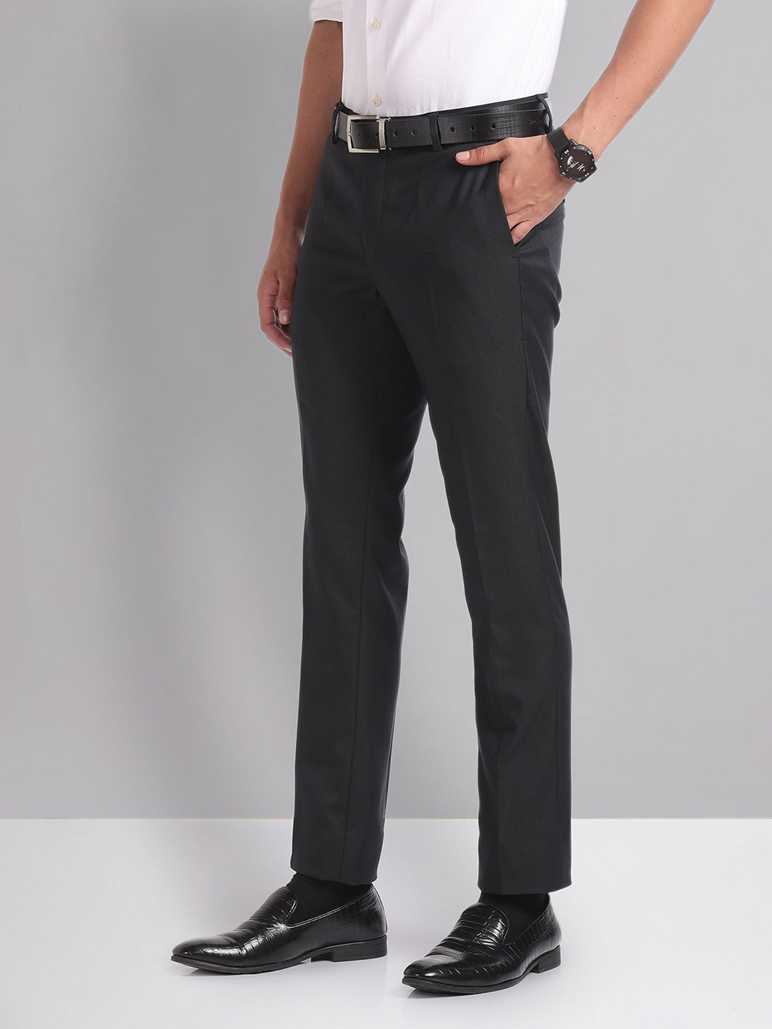 AD by Arvind Navy Slim Fit Flat Front Trousers