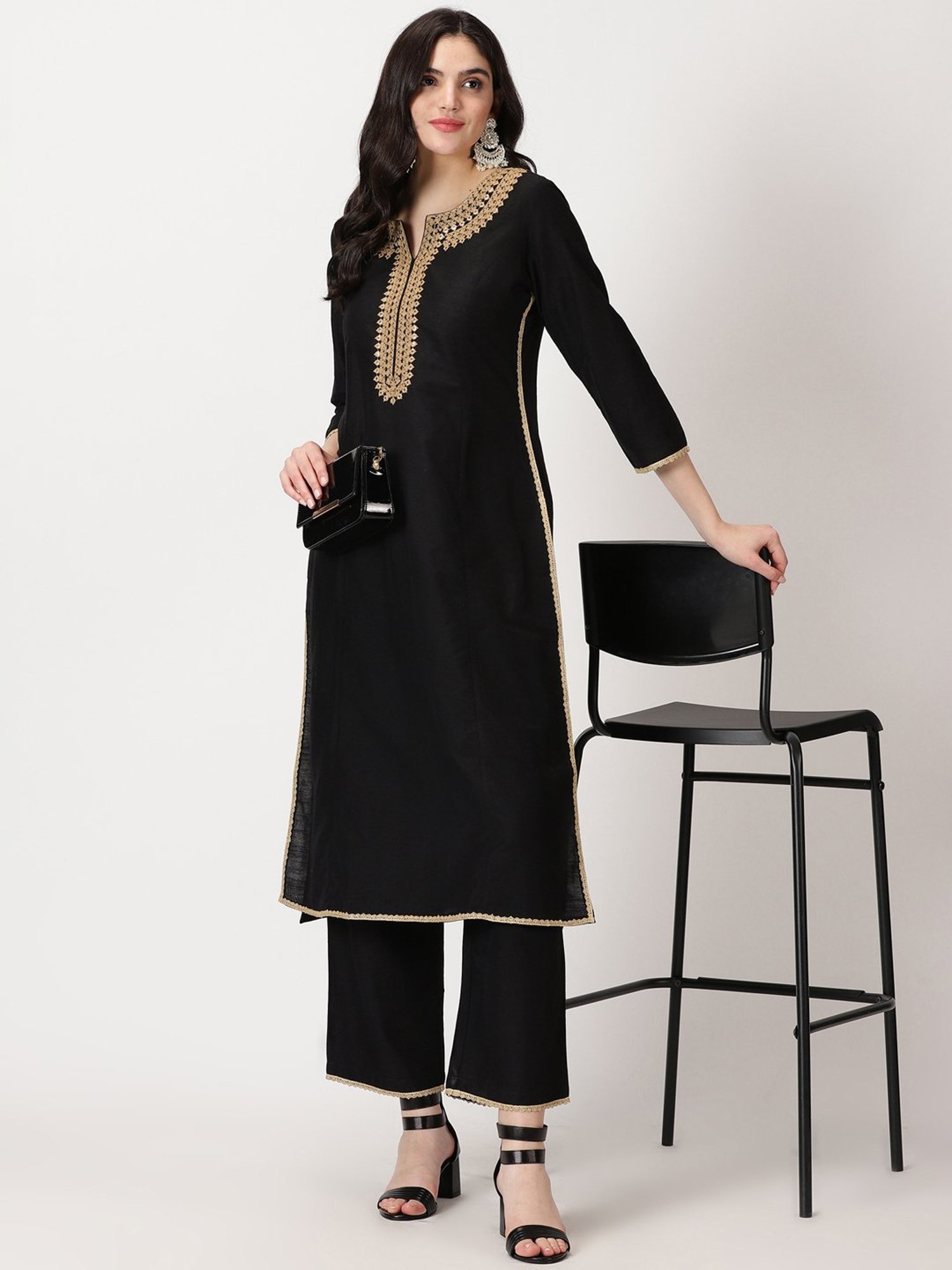 Saffron Threads Black Embroidered Straight Kurta