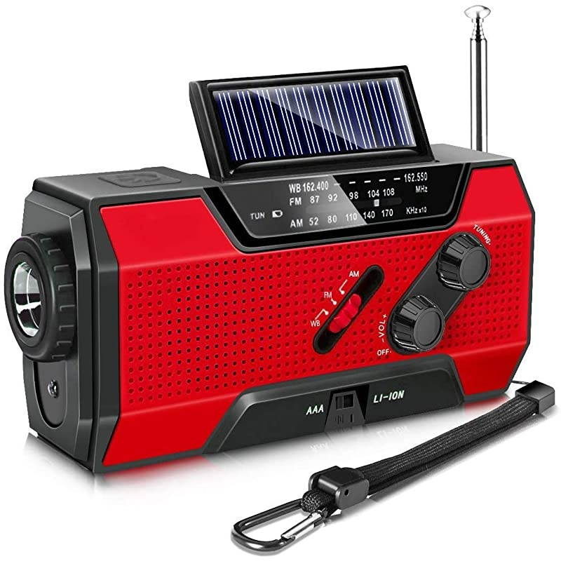 Radio Solar Hand Crank AMFMNOAA Weather Radio for Household and Outdoor with LED Flashlight Reading Lamp 2000mAh Power Bank USB Charger and SOS Alarm Red