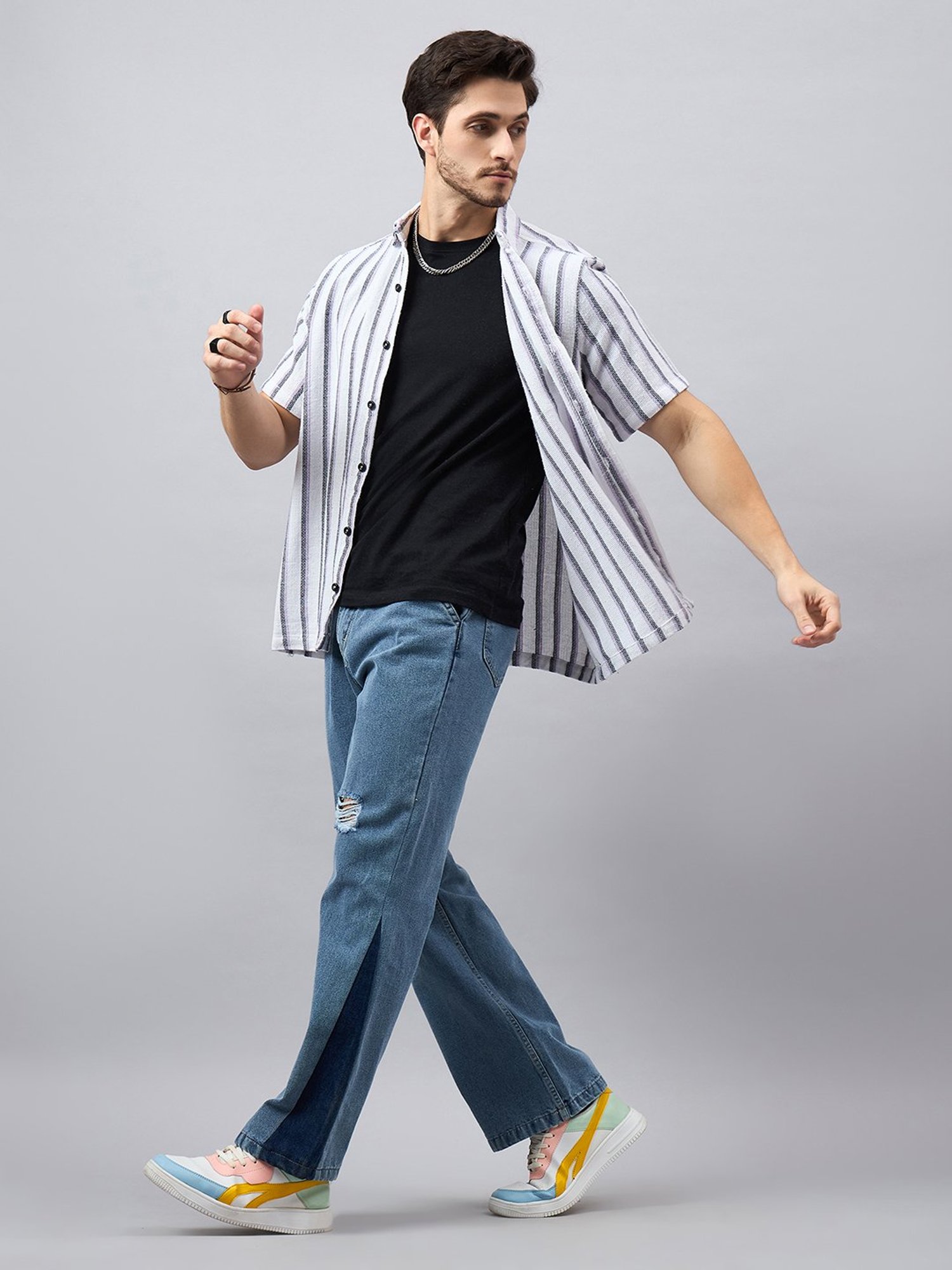 CHIMPAAANZEE White & Purple Regular Fit Striped Shirt