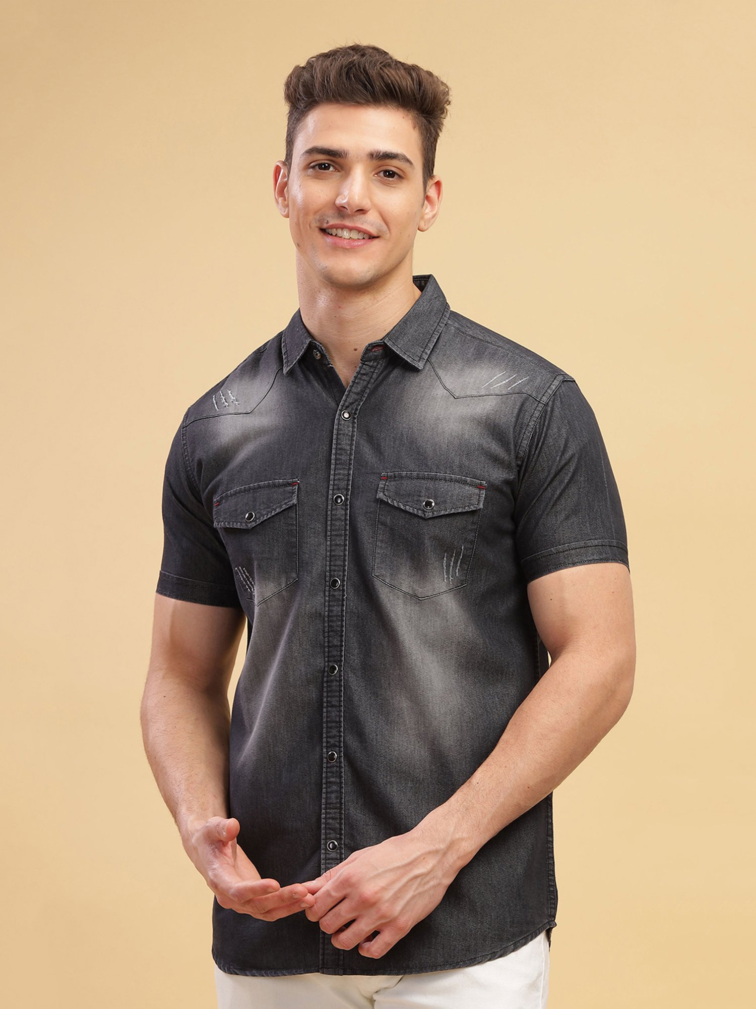 Kuons Avenue Black Slim Fit Denim Shirt