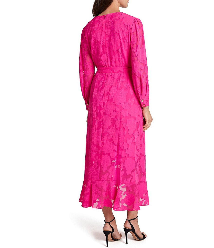 Tahari ASL Floral Burnout Faux Wrap Long Sleeve Ruffle Front Midi Dress