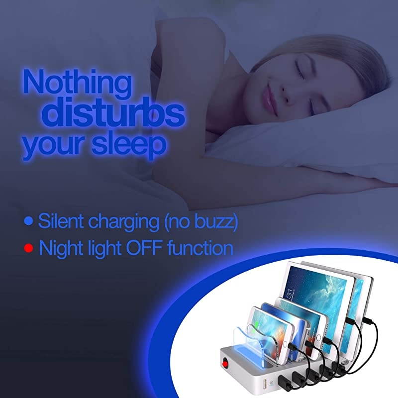 6 USB Charging Station for Multiple Devices Fast Multiple USB Charger Multi Port Hub Charging Organizer Dock Smart Cell Phone Docking Station iPhone Compatible Charger LED NoBuzz
