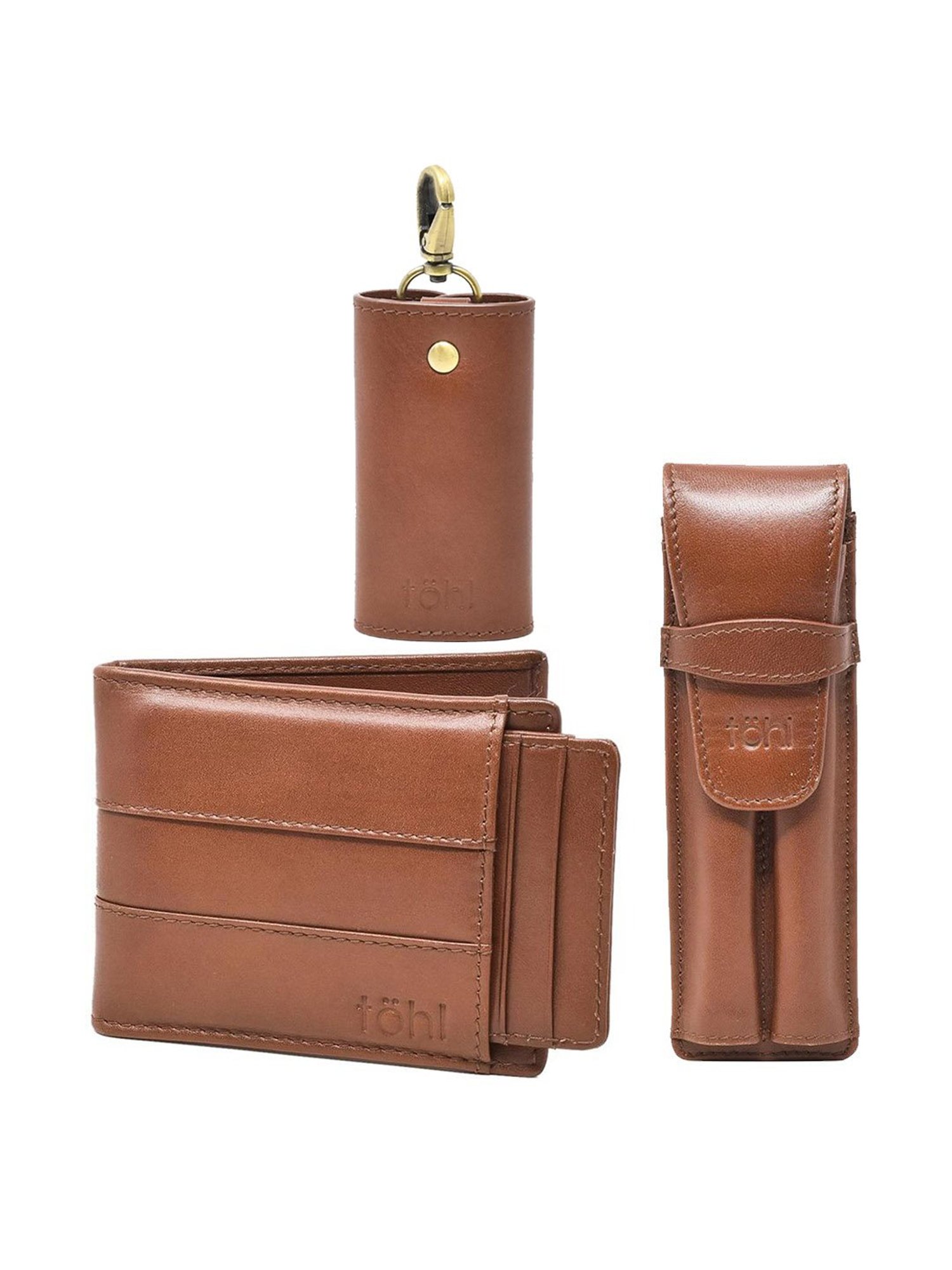 Tohl Halle Tan Casual Leather Bi-Fold Wallet, Keychain & Pen Holder Set for Men