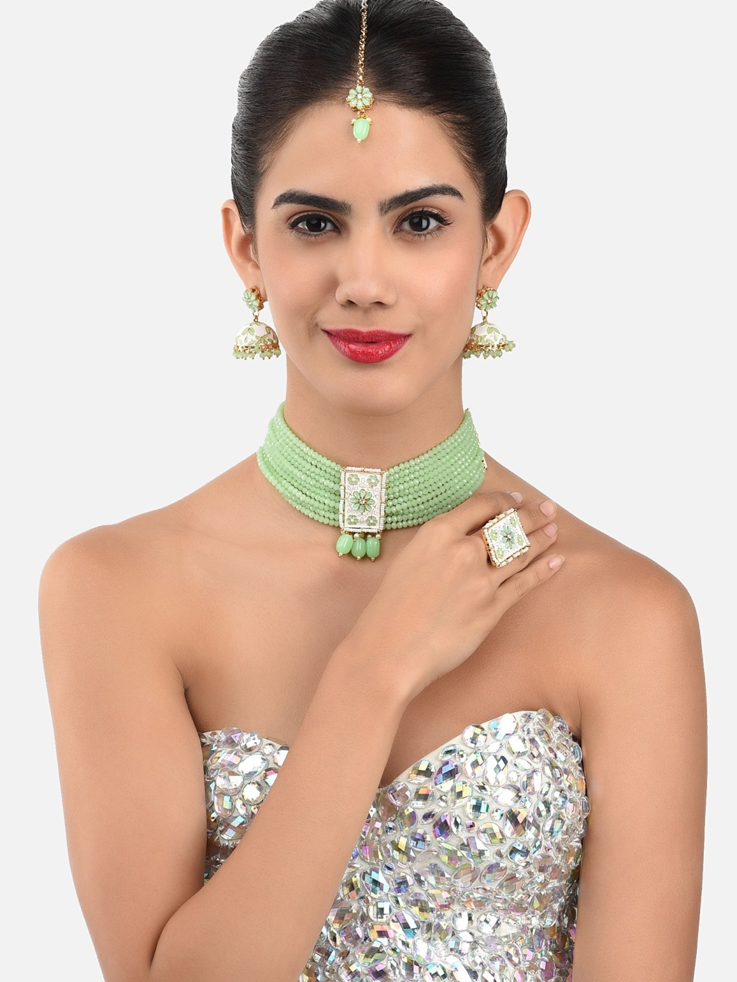 Zaveri Pearls Green White Enamel Multistrand Necklace, Earring, Maangtikka & Ring Set