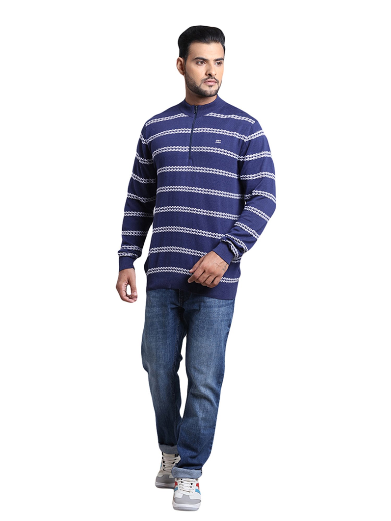 ColorPlus Blue Cotton Tailored Fit Striped Sweater
