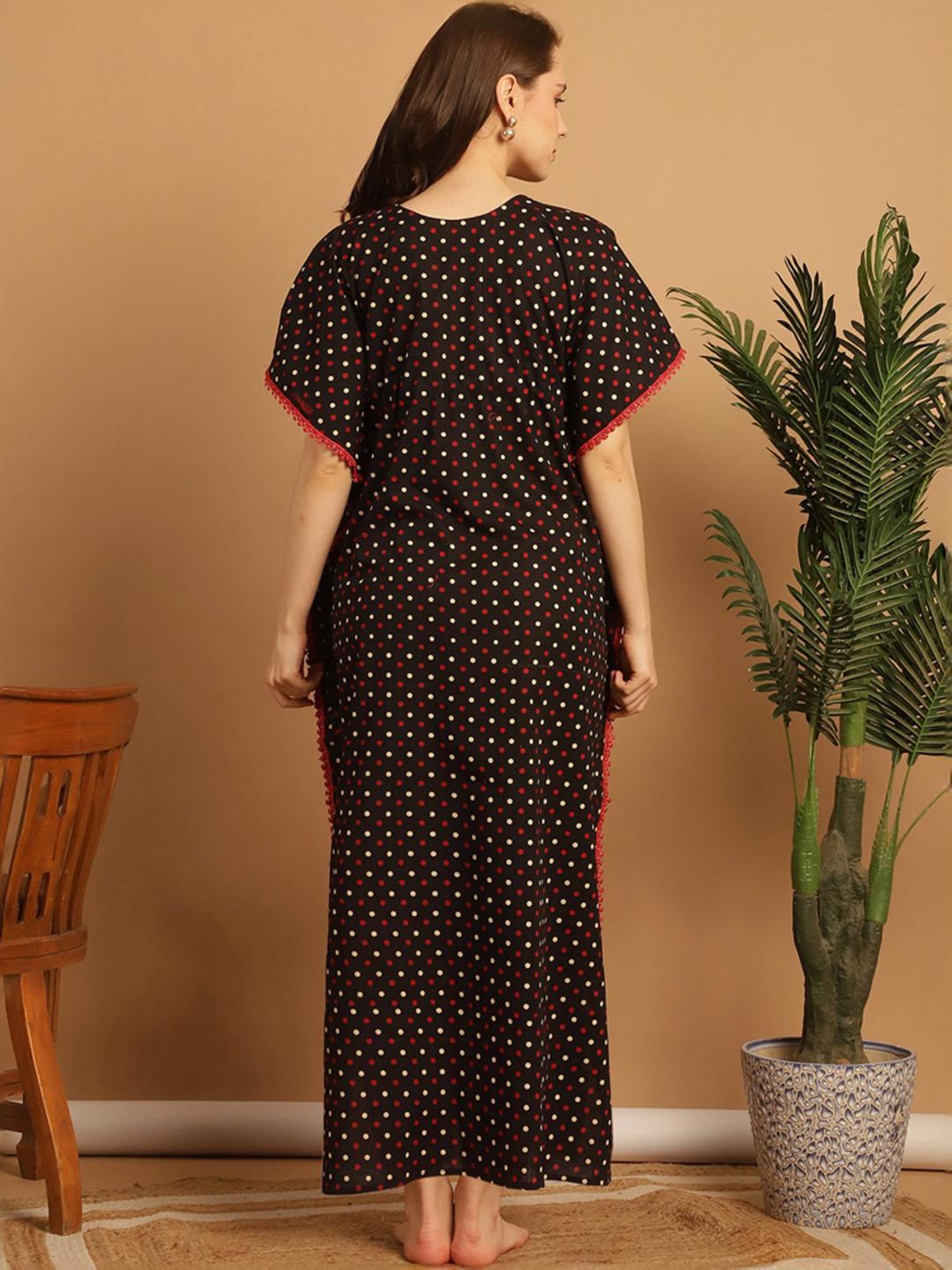 Secret Wish Black Cotton Polka Dots Kaftan