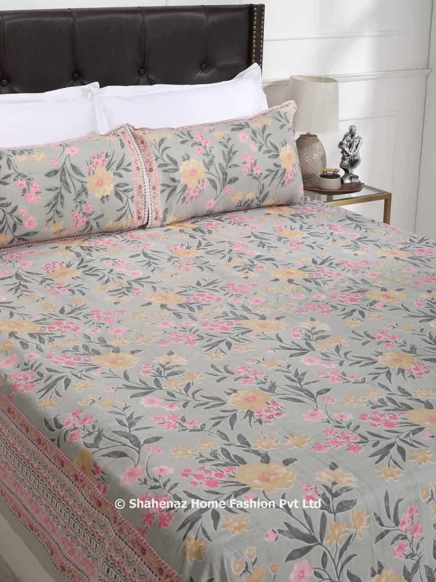 Shahenaz Grey 120 TC Cotton Anvi Double Bedsheet with 2 Pillow Covers