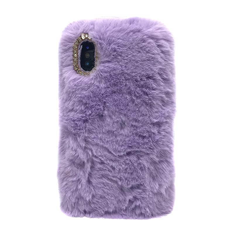 Furry Case with Black Stylus for iPhone SE 2020/iPhone 7/8 4.7 inch,Winter Warmed Fashion Faux Rabbit Bunny Fur Fluffy Plush Soft Case with Cute 3D Crystal Bowknot,Purple