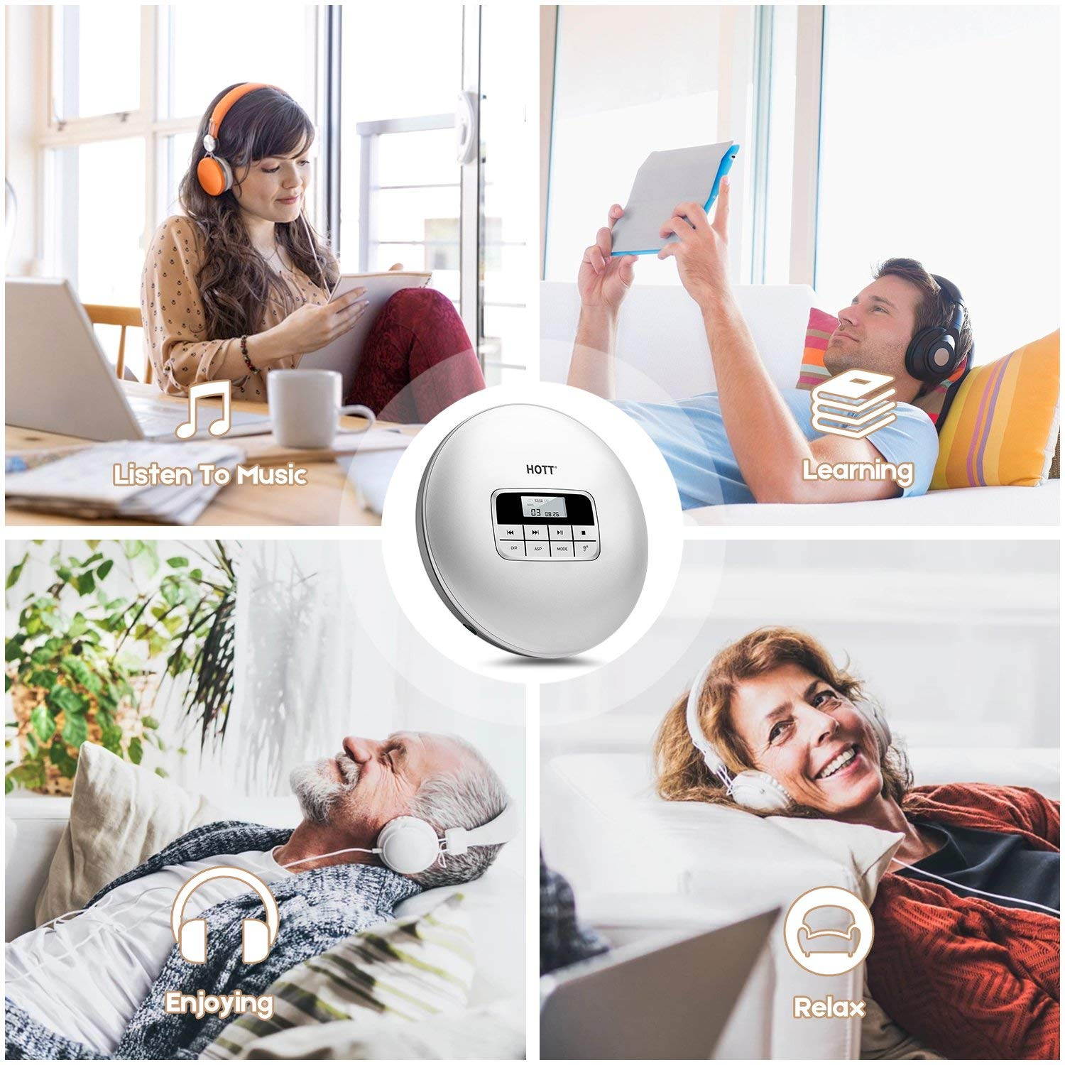 CD Player with Headphones, HOTT Personal CD Walkman Music Player with LCD Display, Skip Protection Shockproof Anti Scratch Function, Support CD, MP3 CD, CD-R, CD-RW Format - Black