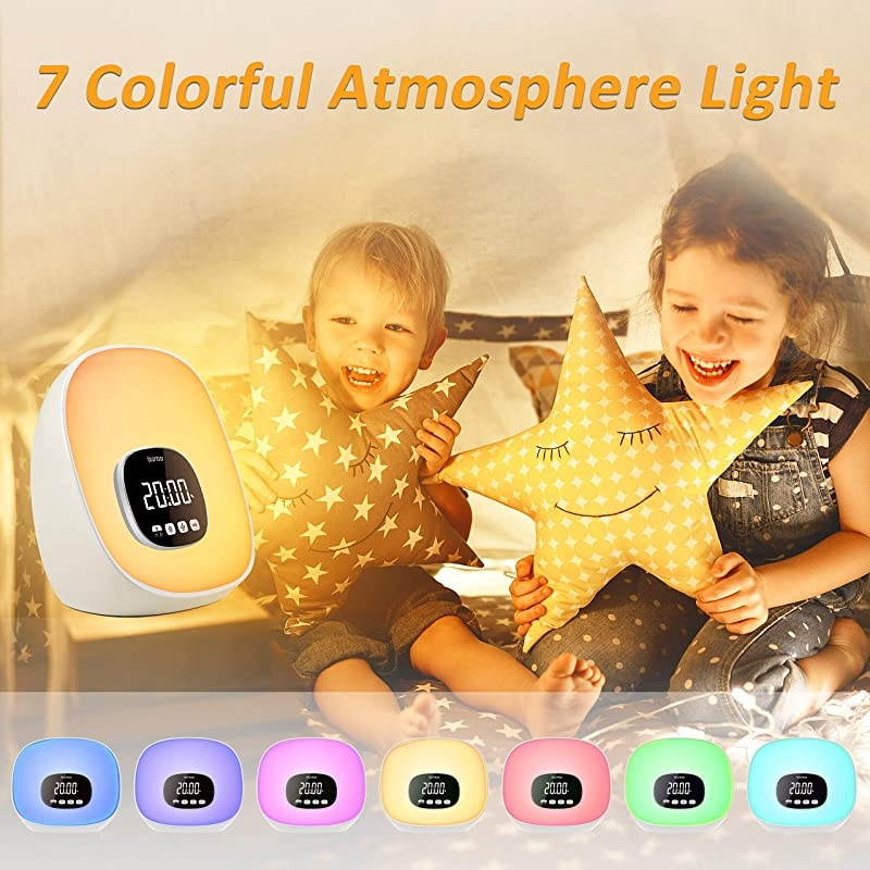 Wake-Up Light Alarm Clock  Sunrise Alarm Clock with Radio for Bedrooms, 7 Colored Night Light, Snooze, Adjustable Brightness and Touch Control for Kids