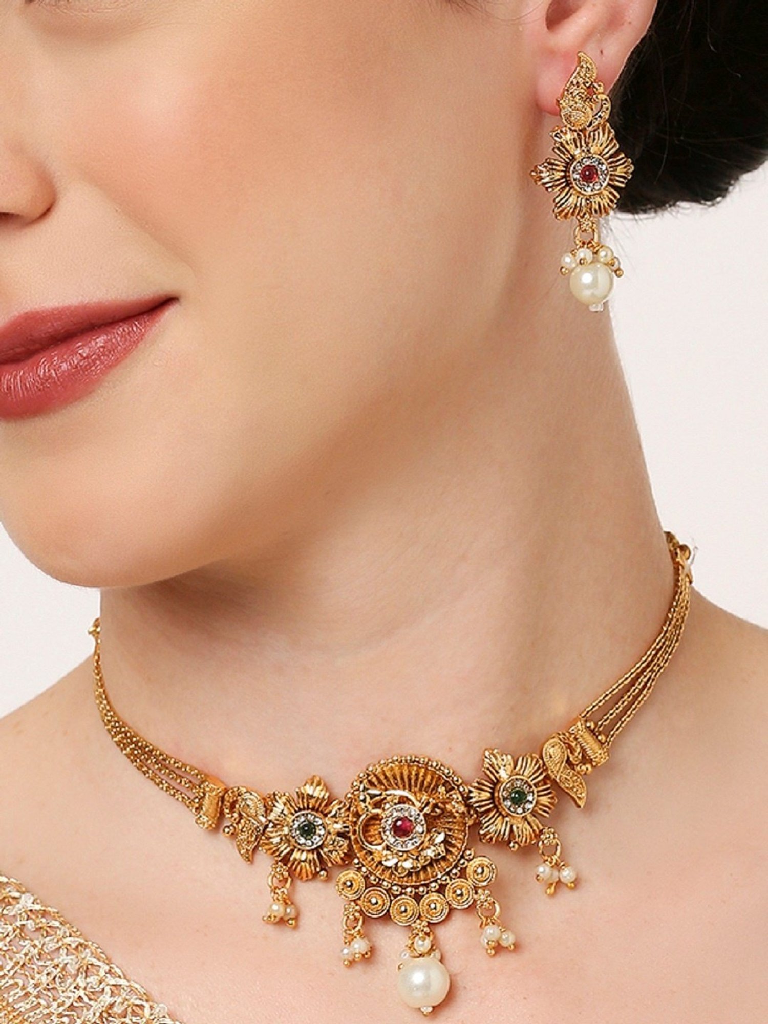 Oomph Antique Ethnic Red Necklace & Earring Set