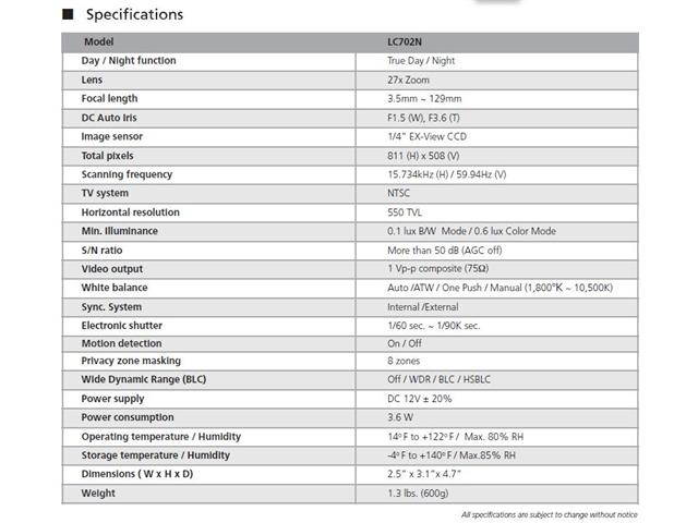Computar Ganz High Quality CCTV Camera LC702N 540 TVL Color True Day/Night WDR Camera with 27X AF Zoom