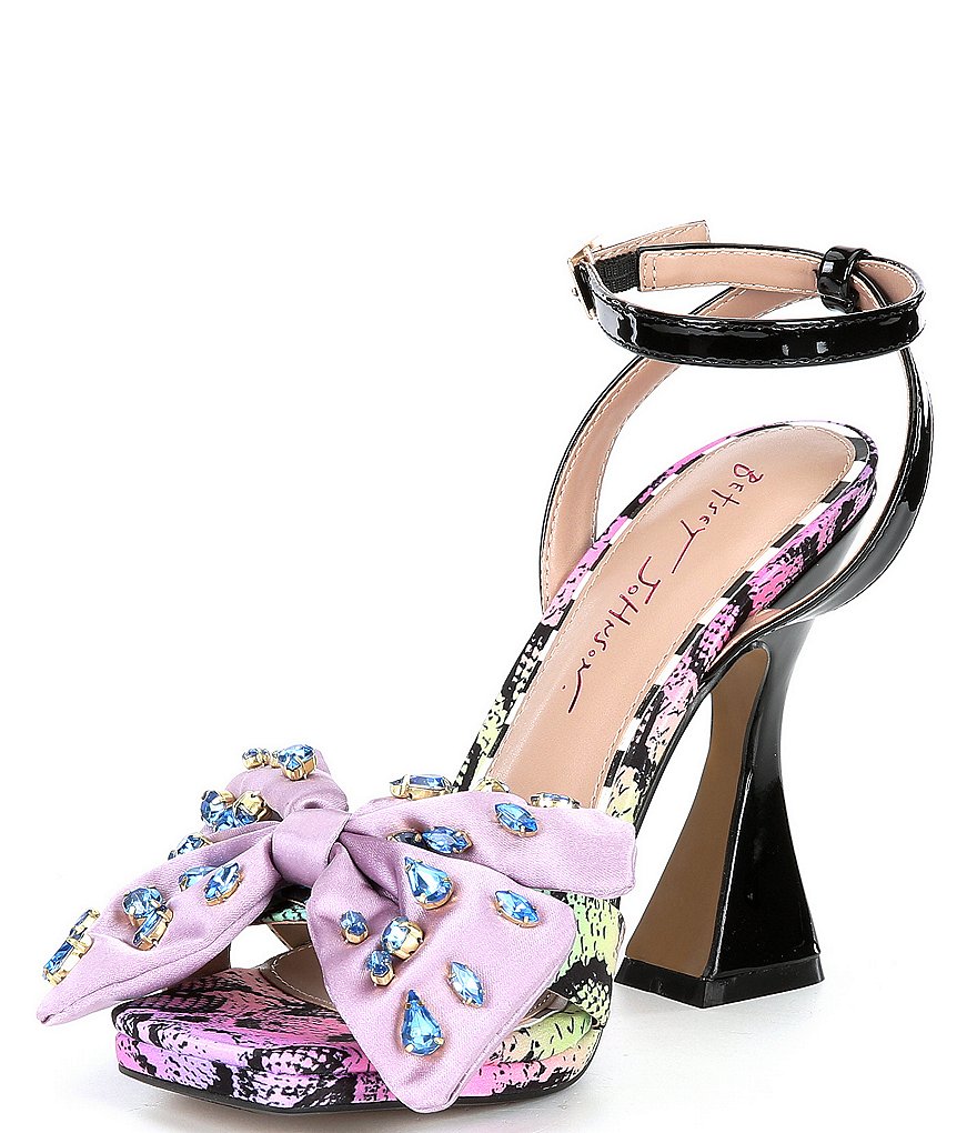 Betsey Johnson Loise Bow Snake Print Sculptural Heel Sandals