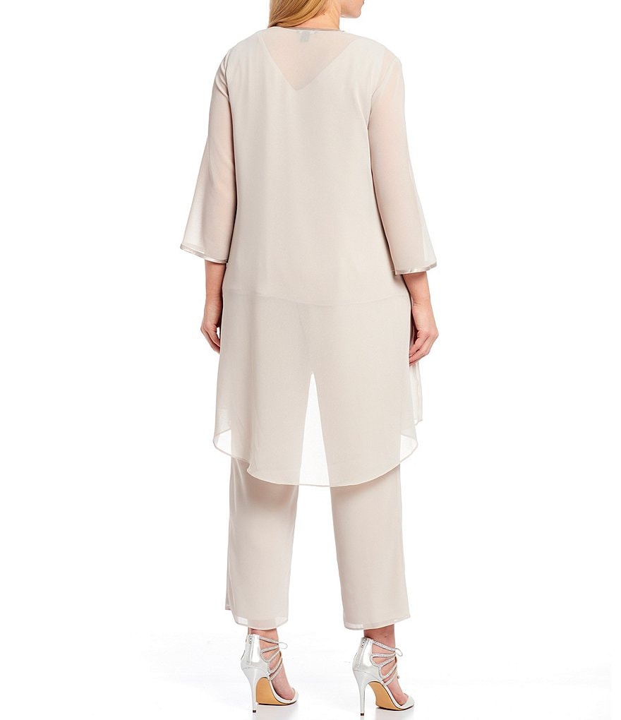 Le Bos Plus Size Crew Neck 3/4 Sleeve Embroidered Georgette 3-Piece Duster Pant Set