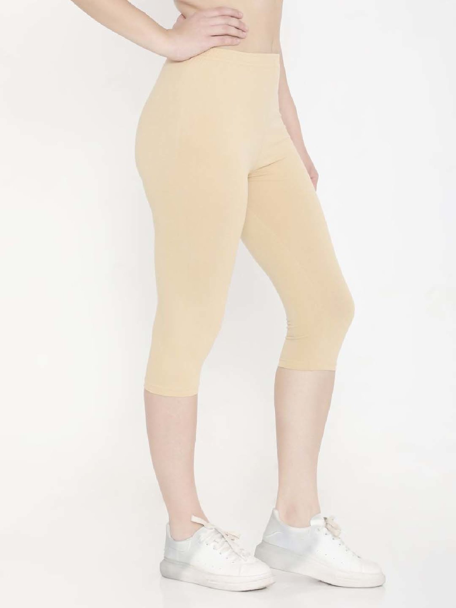 FEELINGS Beige Cotton Plain Capris