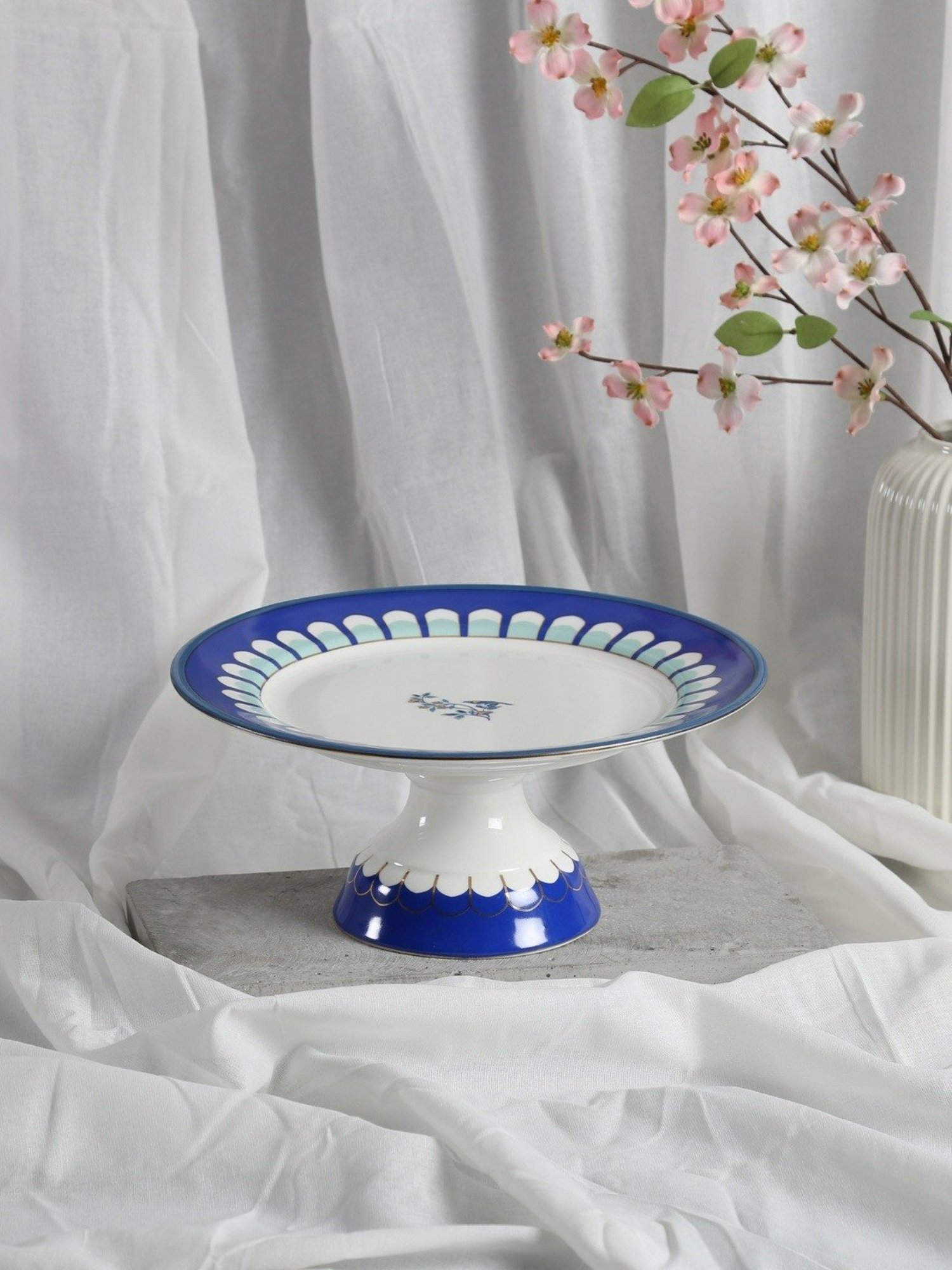 India Circus Color Bordered Blue Bone China Cake Stand