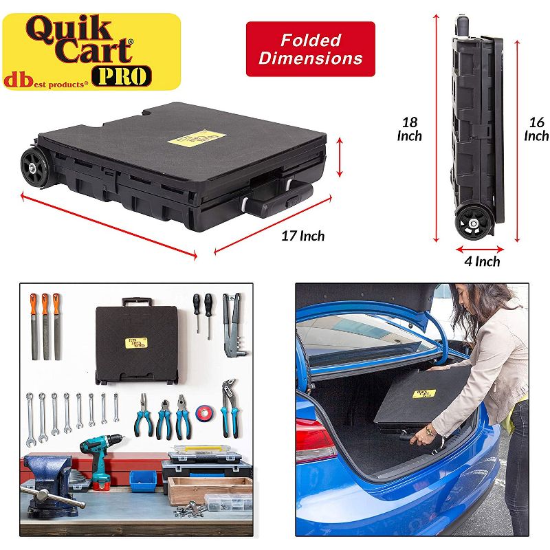 dbest products Quik Cart Pro 2 Wheeled Collapsible Handcart Dolly Storage Grocery Shopping Utility Cart with Lid, Seat, and Stool Functions, Black