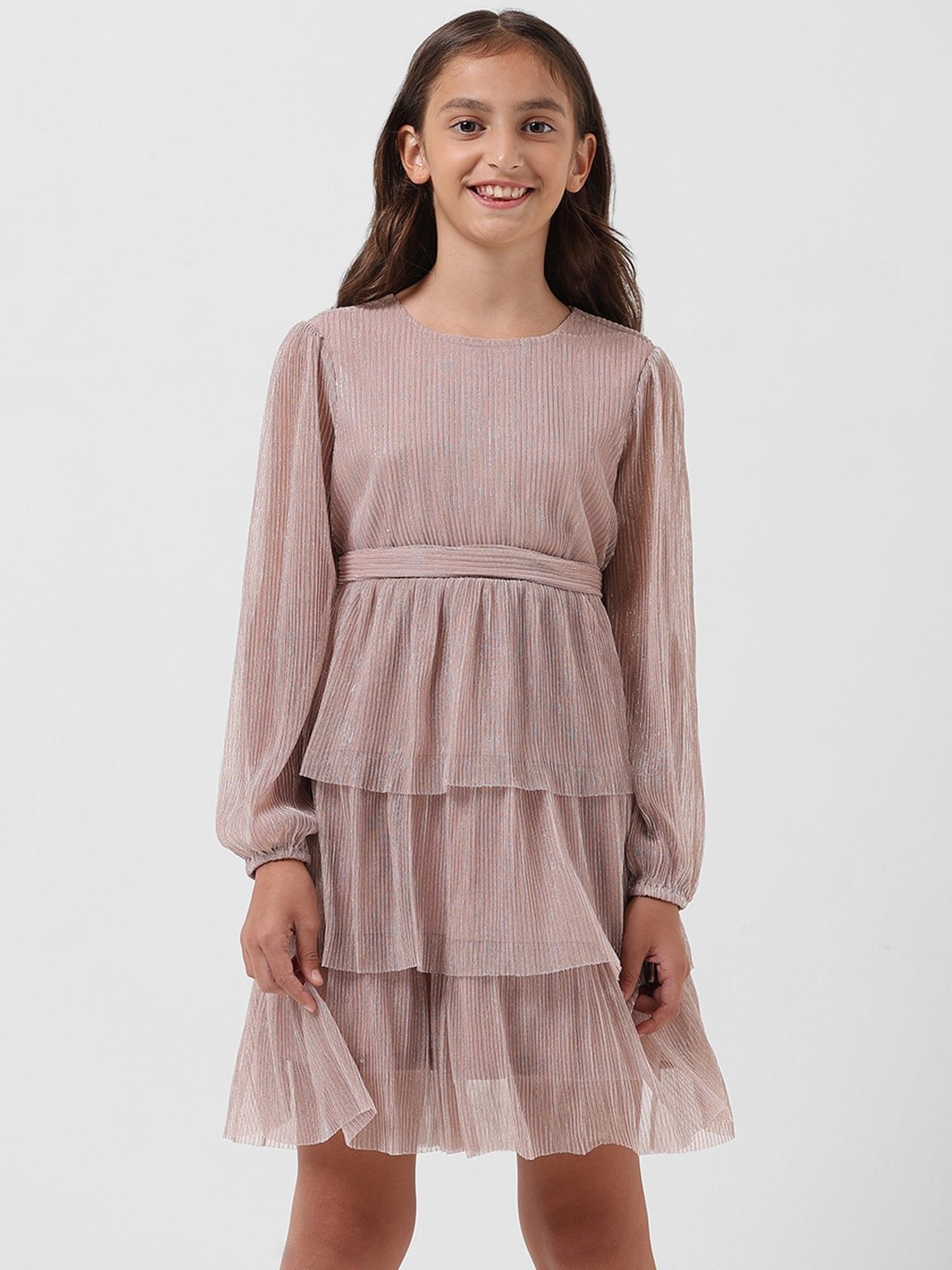 VERO MODA GIRL Pink Shimmer Full Sleeves Dress with Belt