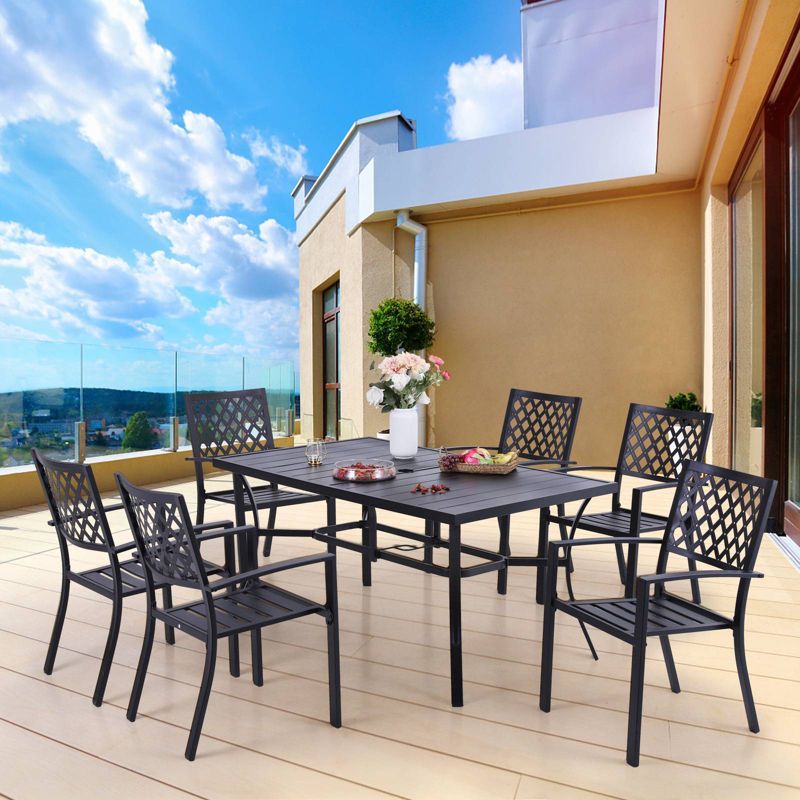 7pc Patio Dining Set with Rectangle Table with 2.6" Umbrella Hole & Steel Arm Chairs - Black - Captiva Designs