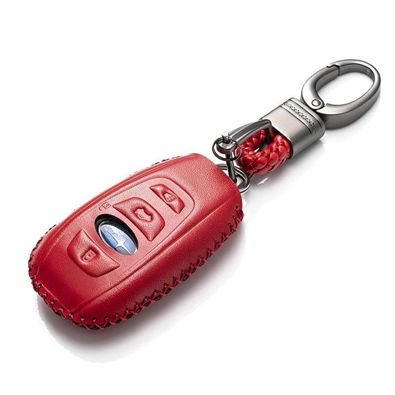 Subaru Leather Keyless Entry Remote Control Smart Key Case Cover with a Key Chain for 2019 Subaru Forester Impreza Outback WRX BRZ XV Crosstrek 4Button Red