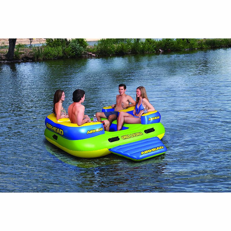 Airehead Chill Lounge 4 Person Lake Inflatable Floating Island with Zippered Cooler and Cup Holders for Lakes and Pools, Multicolored