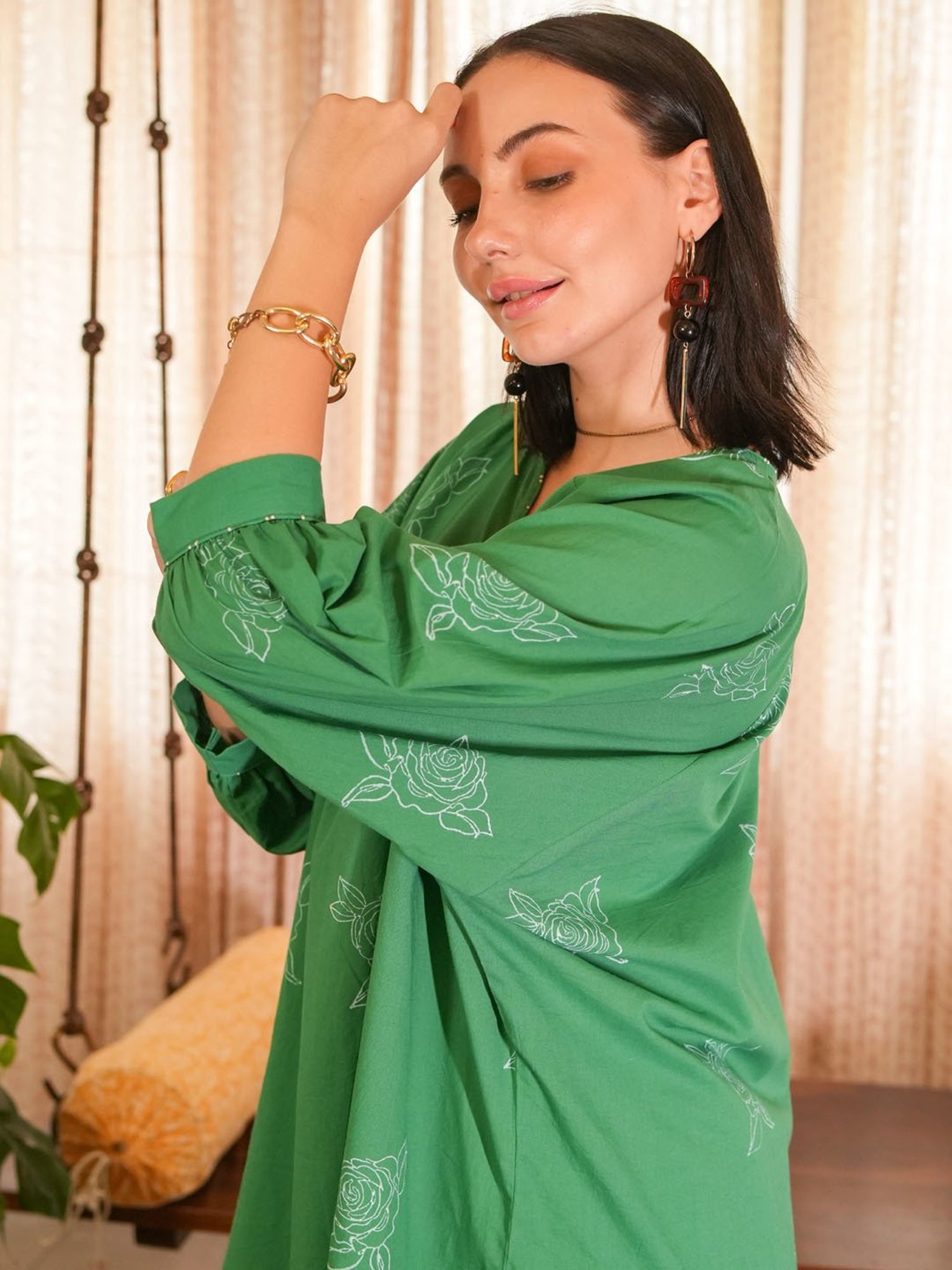 Akiso Emerald Green Hand Block Printed Assymetrical Kaftan