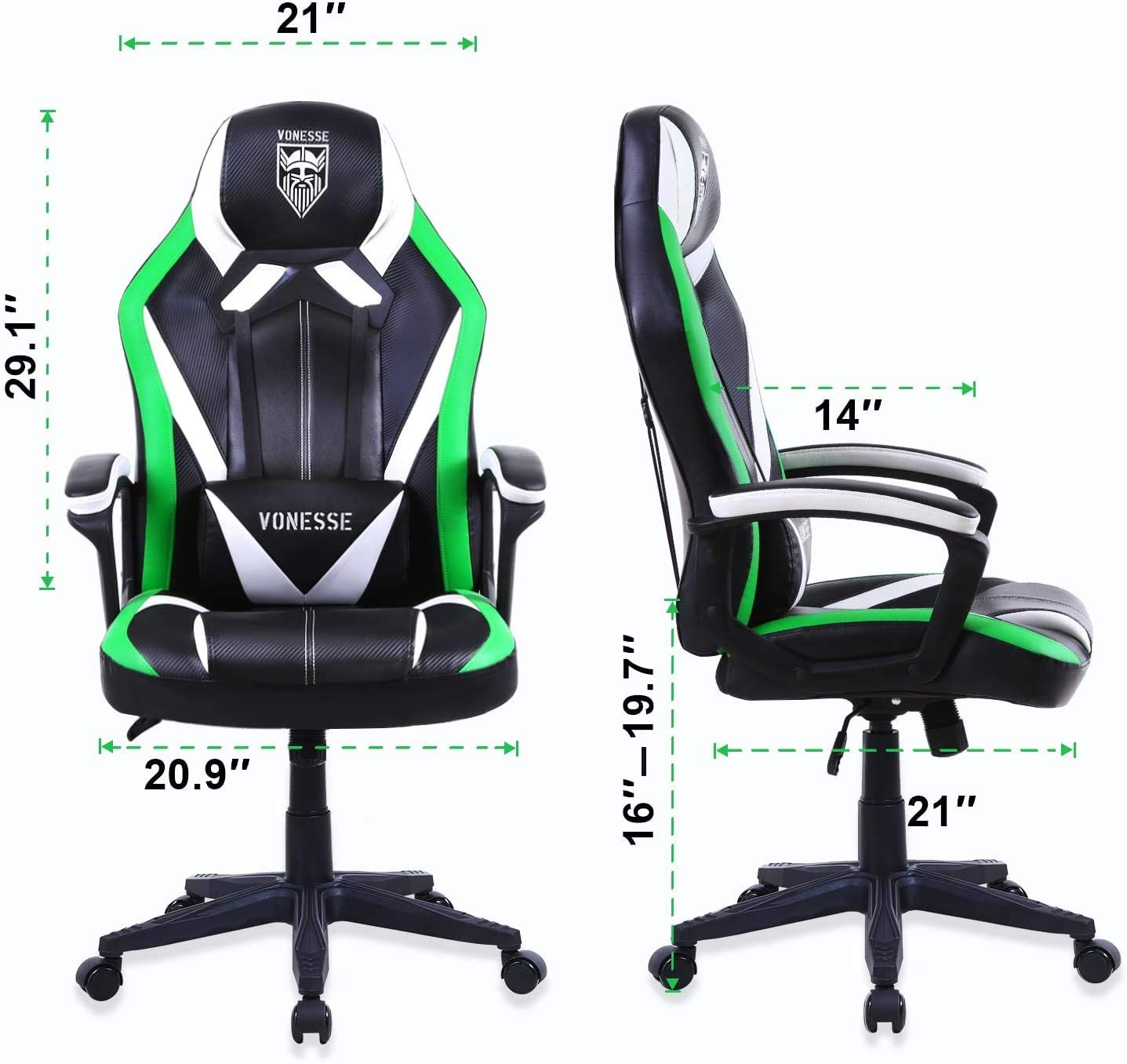 Vonesse Green Gaming Chair, Gaming Desk Chair for Teens, Computer Chair with Massage, High Back Home Office Desk Chairs, Big and Tall Gamer Chair, Computer Desk Chair, Game Chair for Kids (Green)