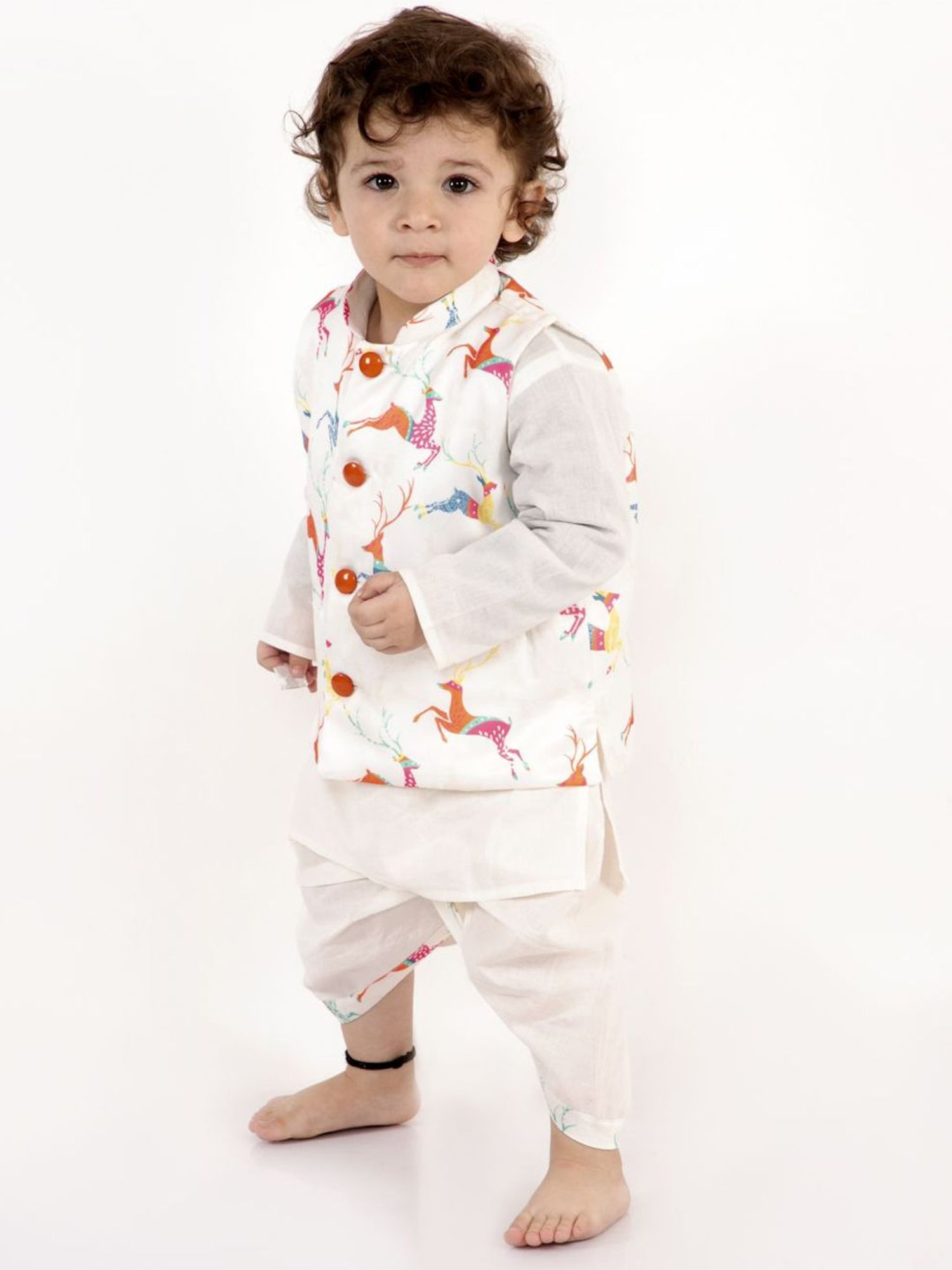 Little Bansi Kids White Cotton Printed Kurta Set