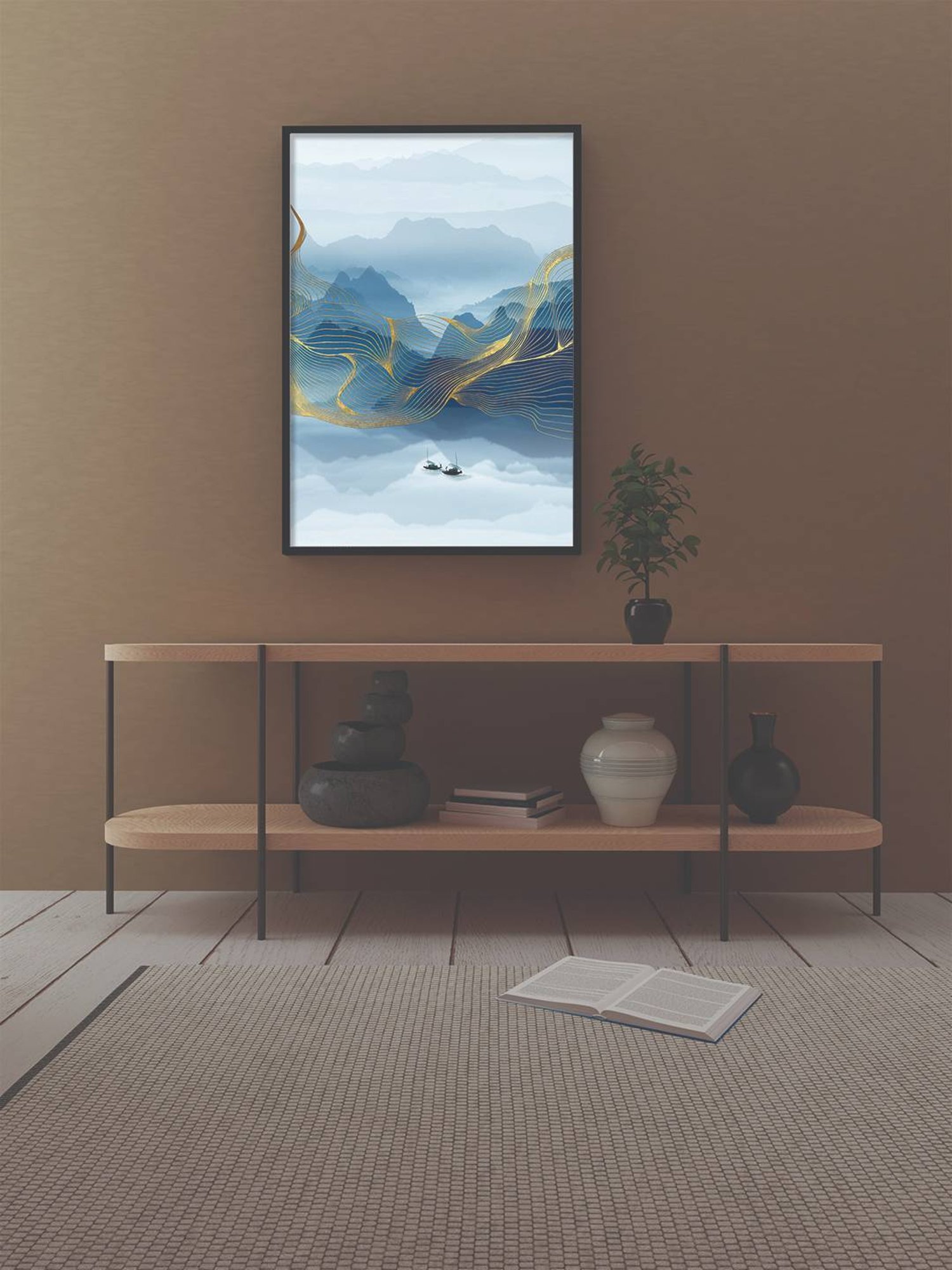 Art Street Serene River Mountains Home Printed Blue Engineered Wood Wall Art