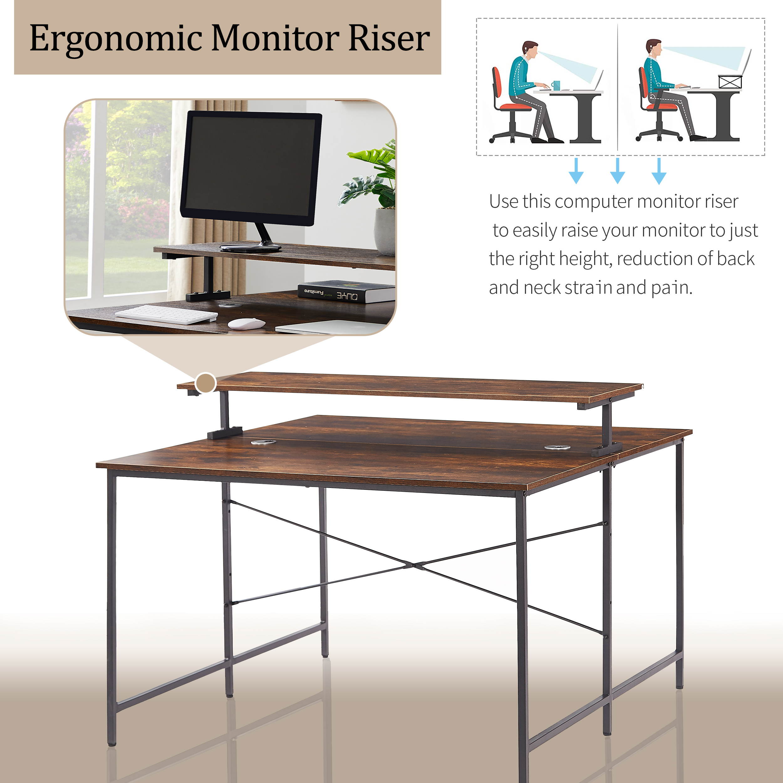 47" Two Person Computer Desk Double Workstation Extra Large Office Desk Gaming Desk with Monitor Shelf Brown
