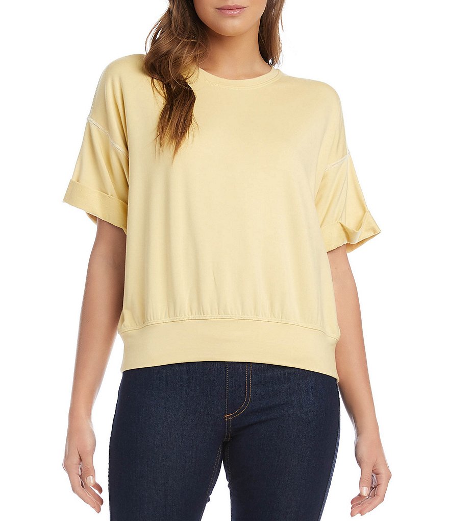 Karen Kane Petite Size Drop-Shoulder Cuffed Sleeve Crew Neck French Terry Knit Tee