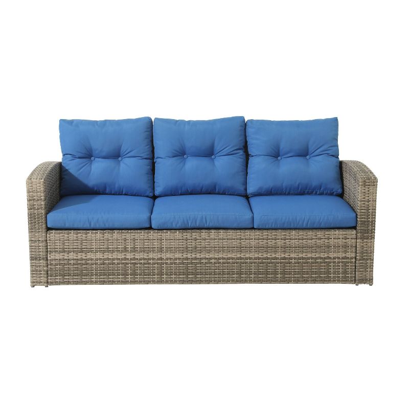 6pc Wicker Rattan Patio Sofa Set with Blue Cushions - Accent Furniture