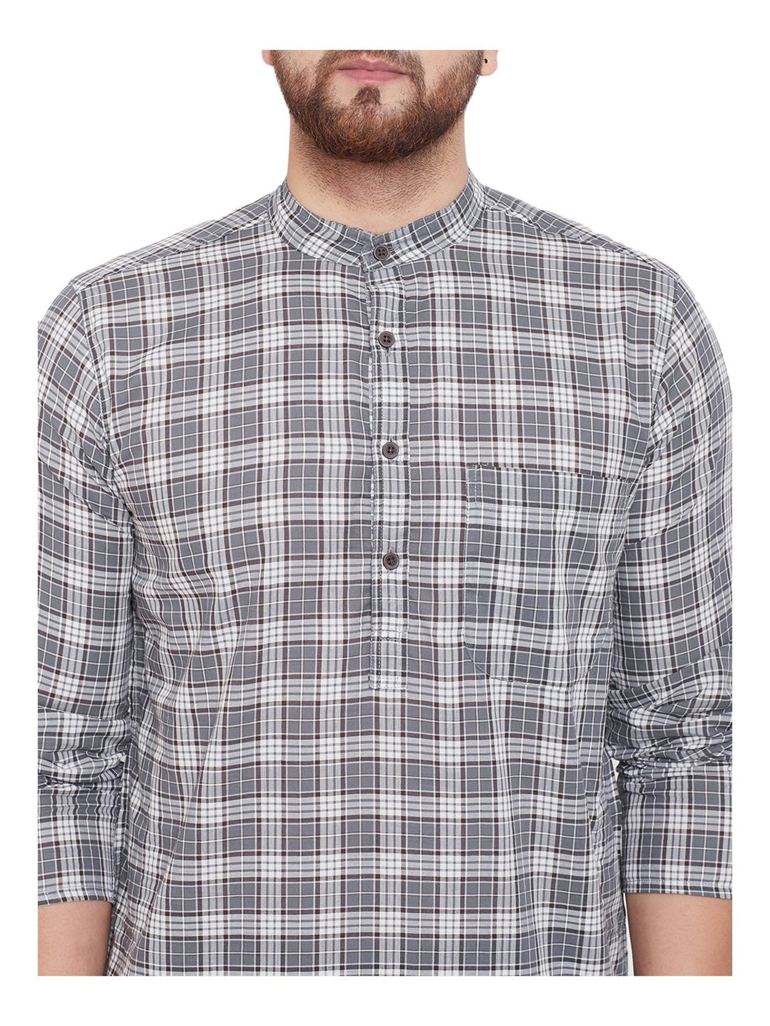 Even Grey Cotton Regular Fit Checks Kurta