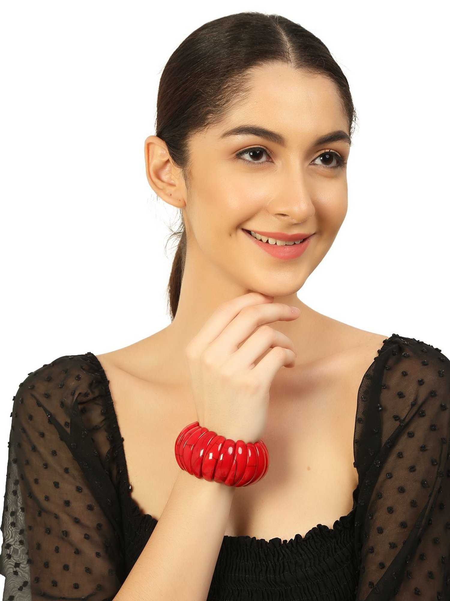 IMLI STREET Red Artificial Beaded Stretchable Bracelet for Women