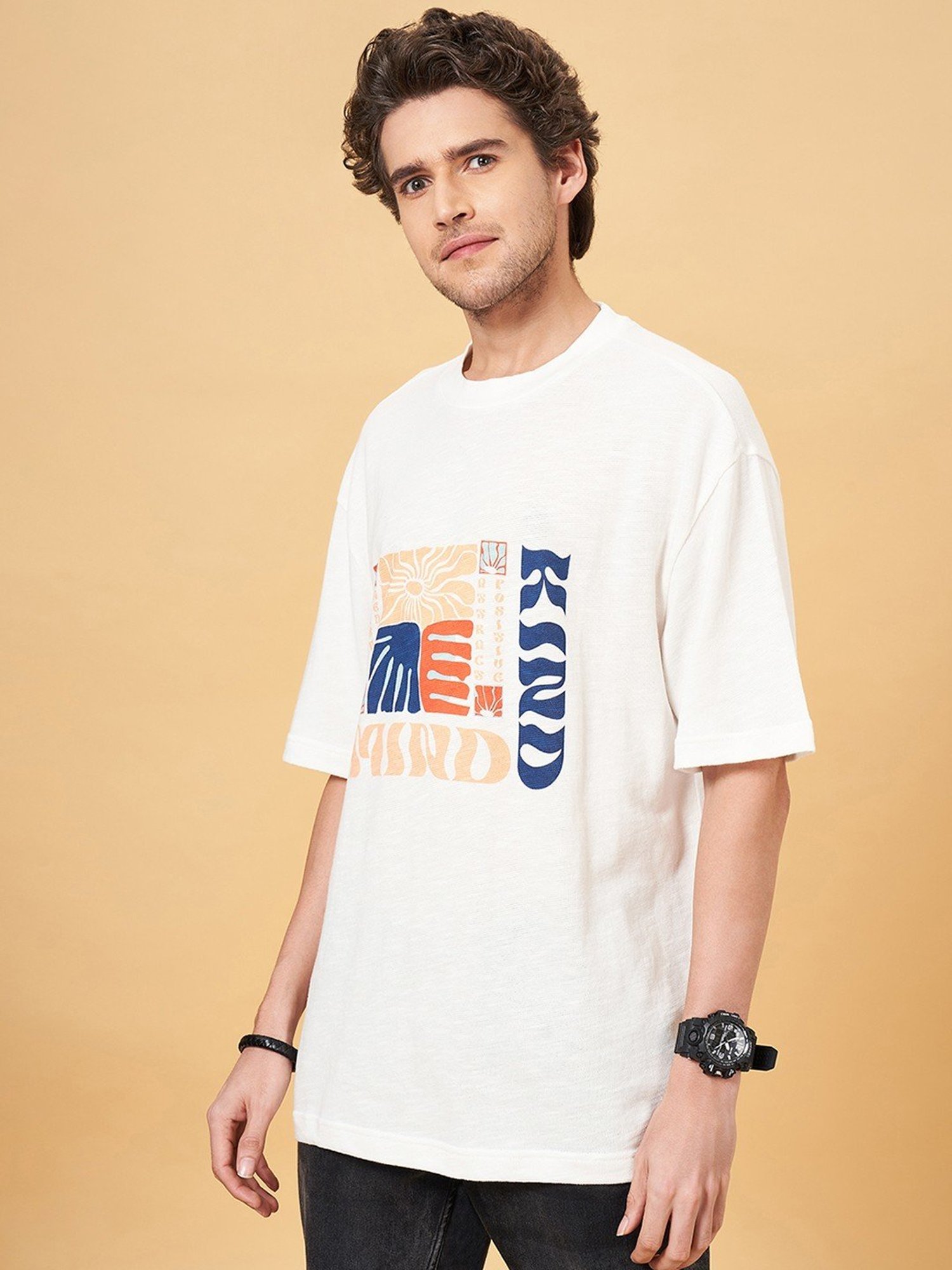 People by Pantaloons Snow White Cotton Loose Fit Printed T-Shirt