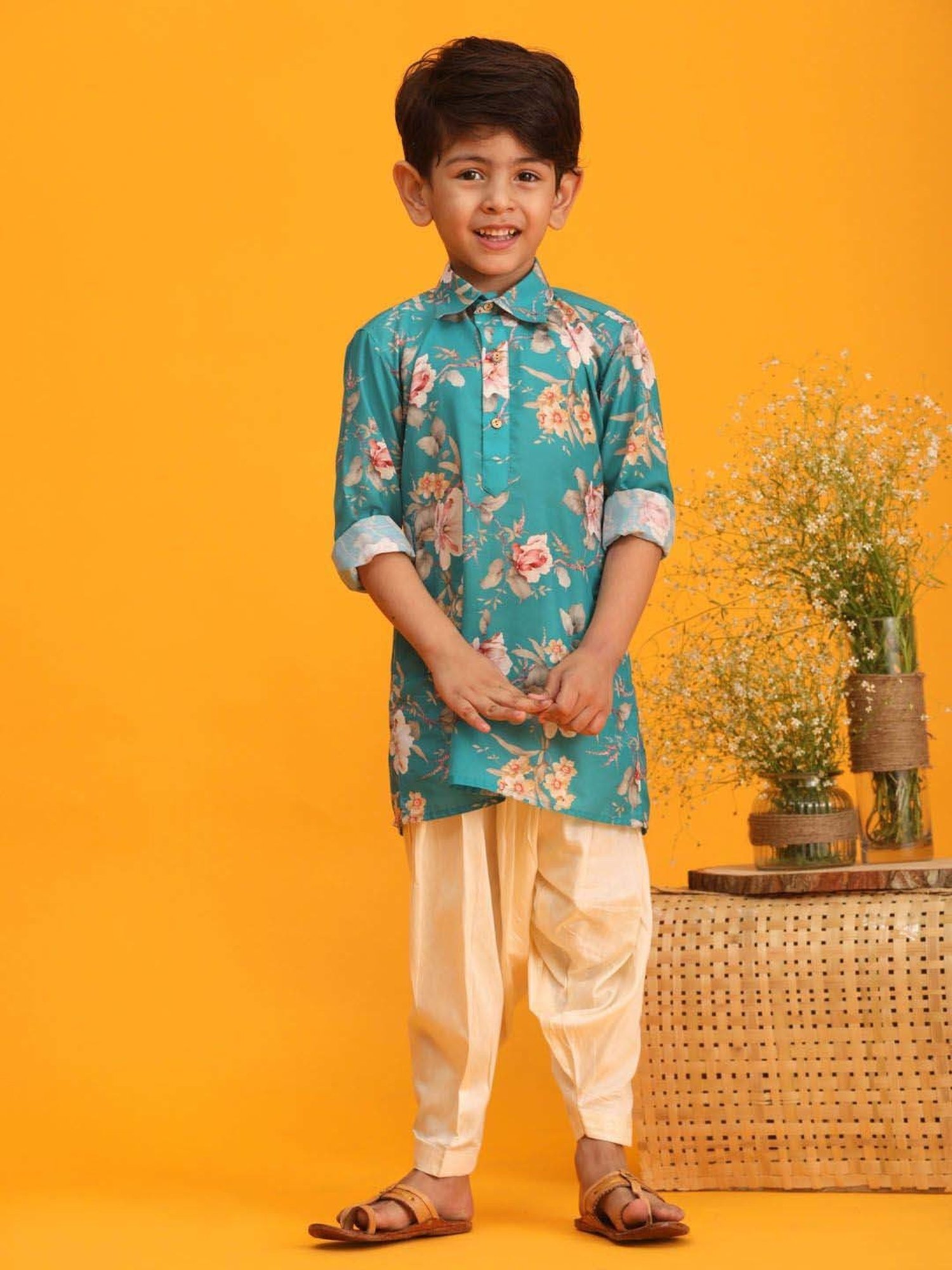 VASTRAMAY Boys Turquoise Floral Full Sleeves Kurta Sets