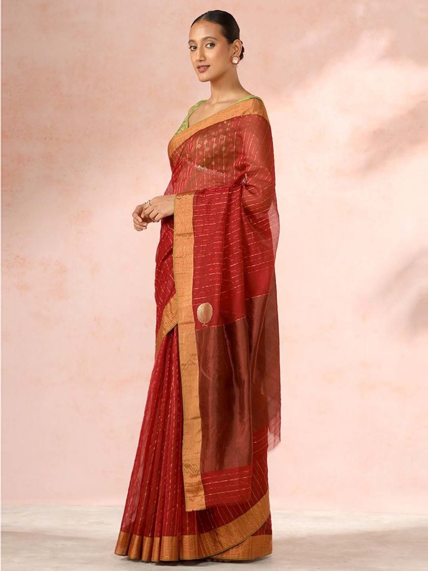 Taneira Red Cotton Silk Woven Saree With Unstitched Blouse