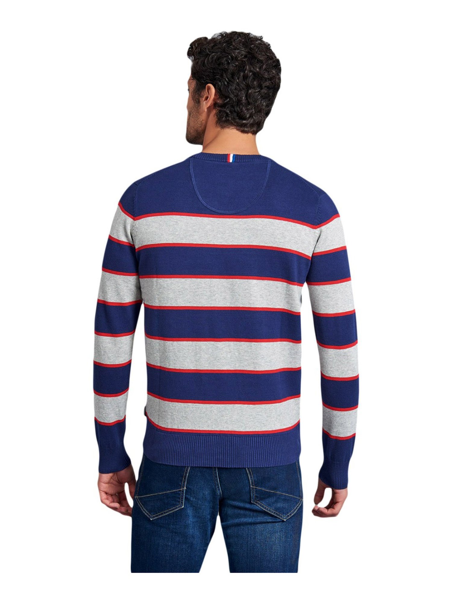 Beverly Hills Polo Club Navy & Grey Cotton Regular Fit Striped Sweater