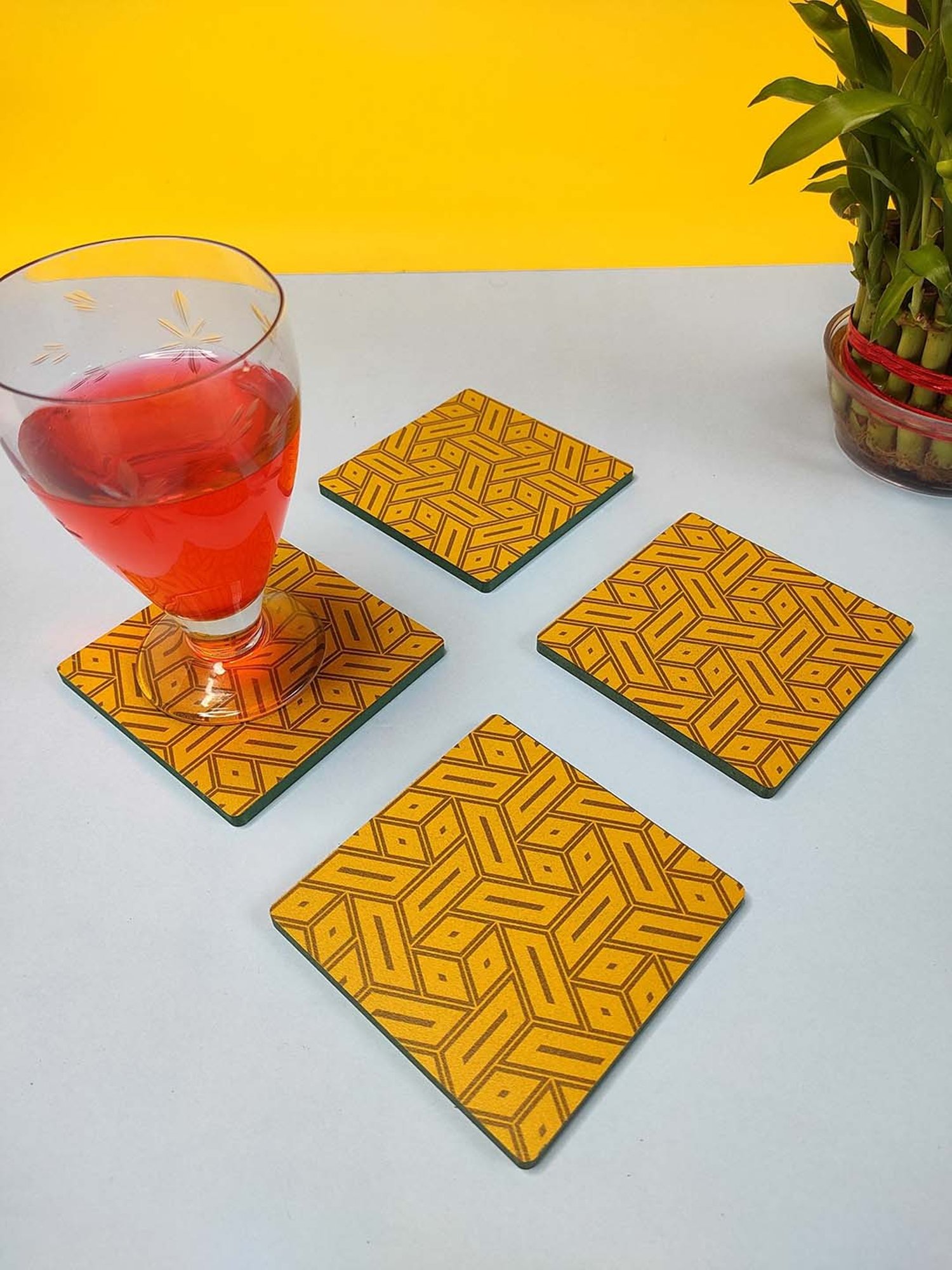 Crayton Yellow Wooden Abstract Printed Square Coasters - Set of 4