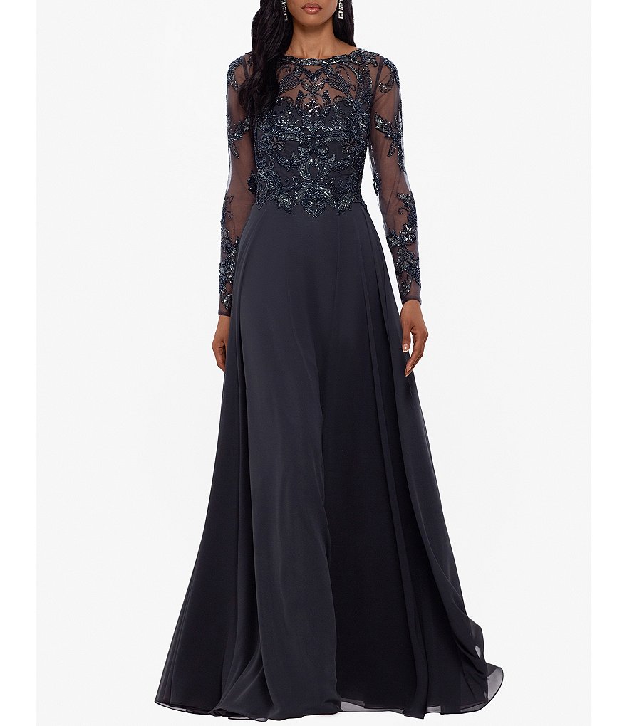 Xscape Jewel Neck Long Sleeve Beaded Bodice Chiffon Gown