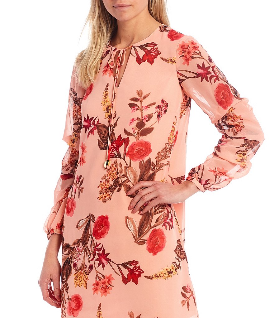 Vince Camuto Shirred Long Sleeve Floral Chiffon Shift Dress